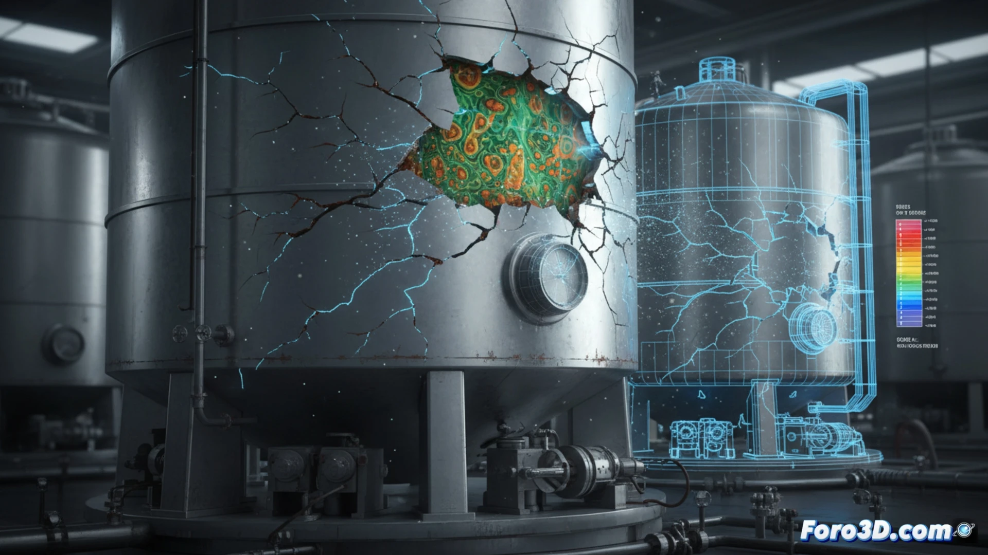 Simulación 3D de fatiga en tanque de fermentación industrial con propagación de grietas en acero inoxidable