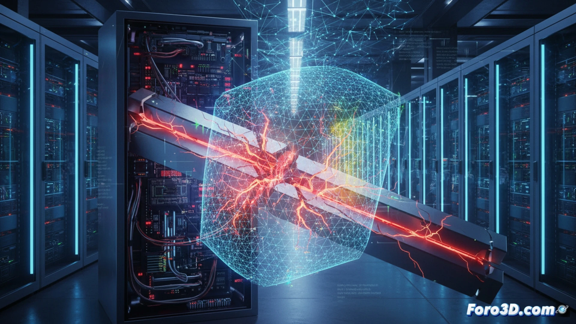 Simulación 3D de fatiga metálica en superordenador con mapa de calor y grietas visibles en estructura