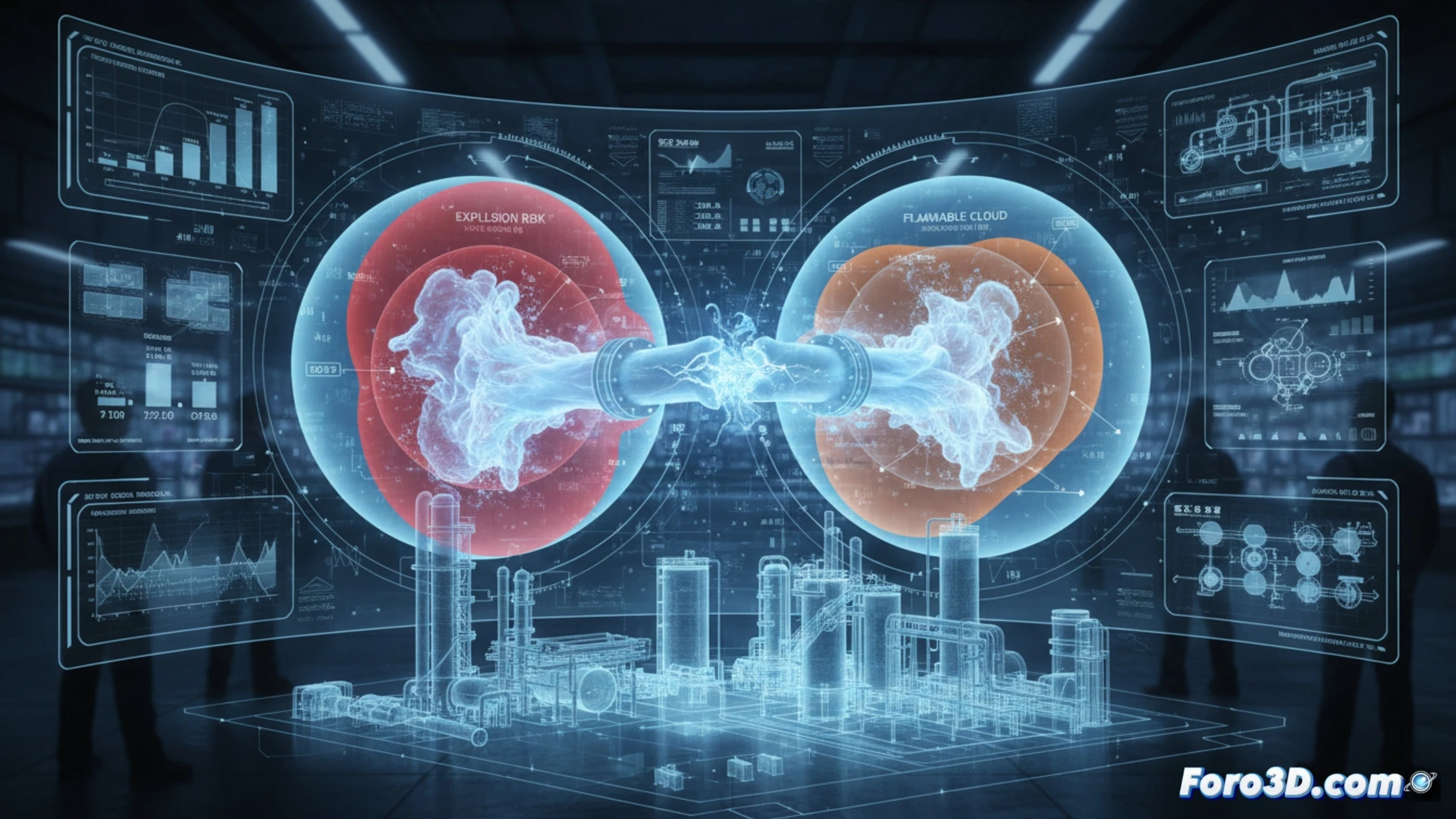 Simulación 3D de fuga de hidrógeno mostrando dispersión de gas y zonas de riesgo en planta industrial