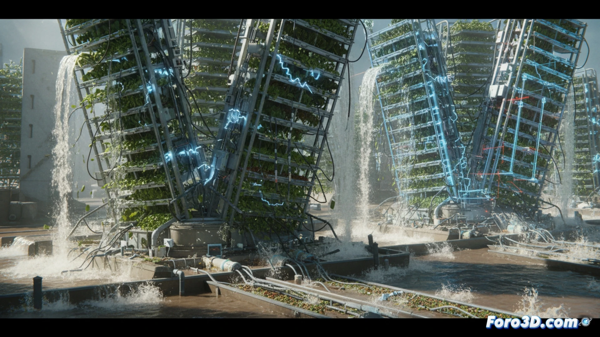 Simulación 3D de granja vertical inundada con torres de cultivo colapsando y agua elevándose entre paneles solares