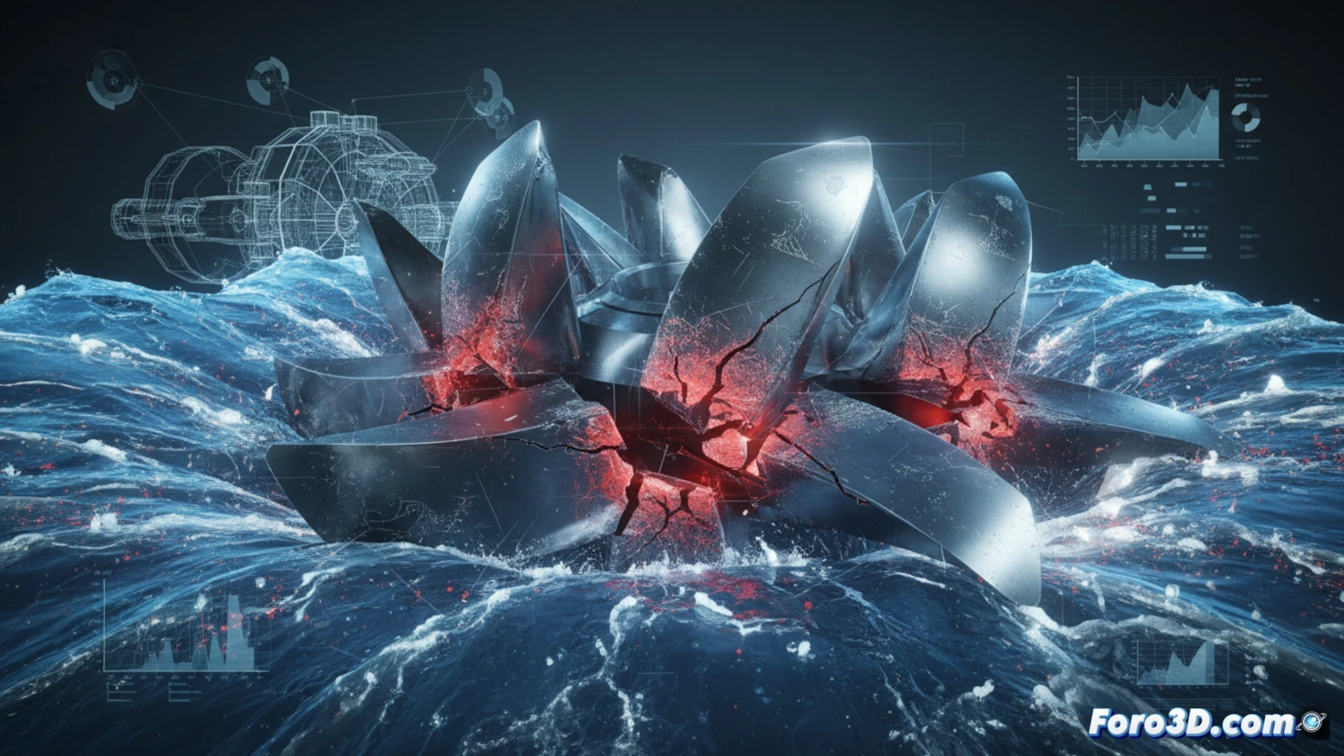 Simulación 3D de erosión en paletas de turbina hidroeléctrica mostrando microgrietas y riesgo de colapso estructural