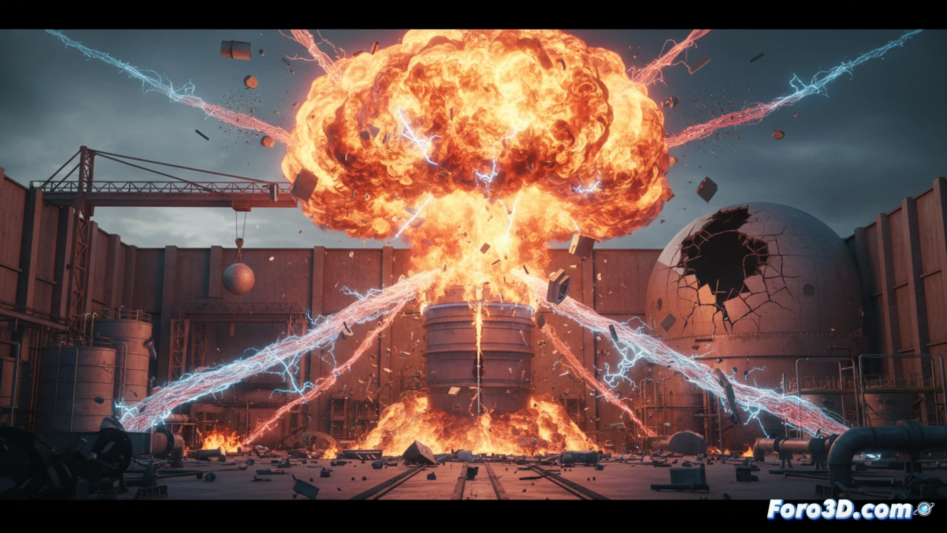 Simulación 3D explosión electrolizador industrial con hidrógeno y oxígeno, fallo membrana separadora