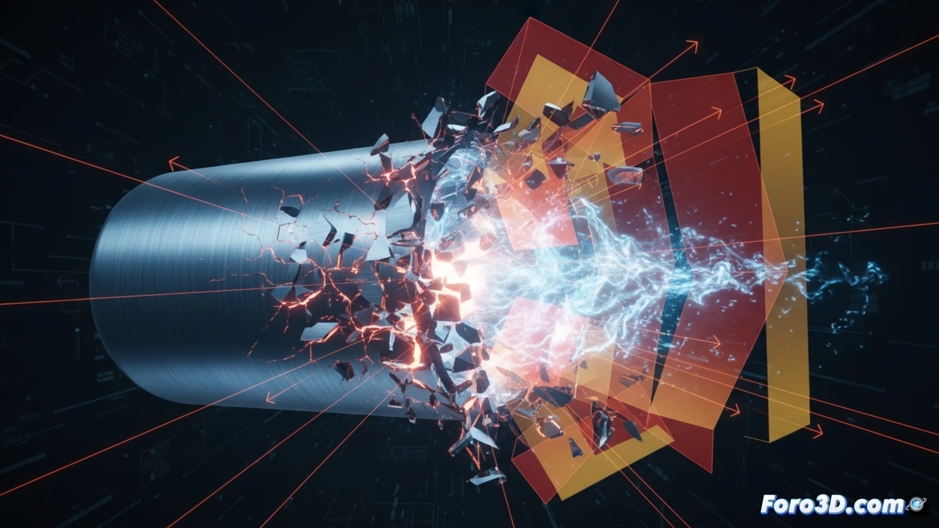 Simulación 3D de fragmentación por fatiga en depósito neumático presurizado con fisuras visibles