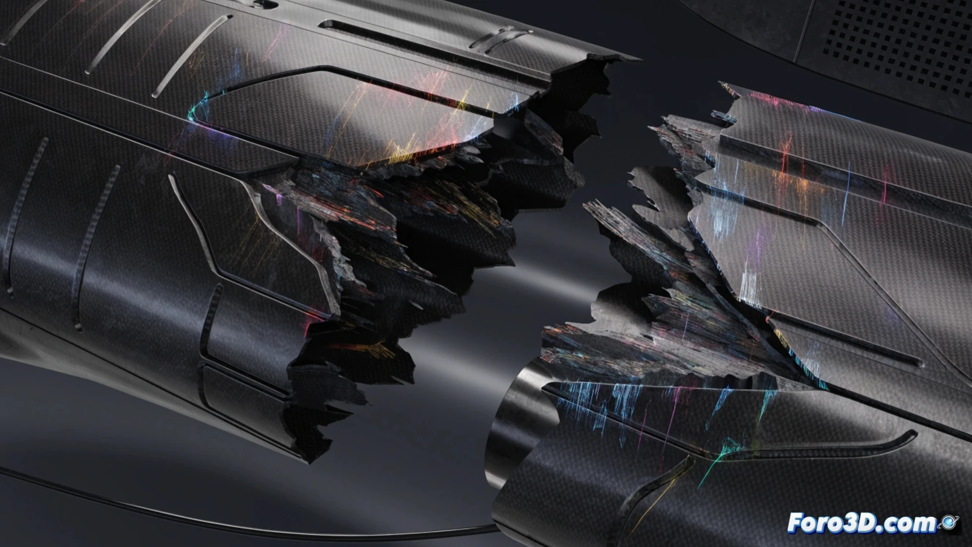 Simulación 3D de rotura de avión eléctrico en pruebas, fallo estructural y fatiga de materiales compuestos