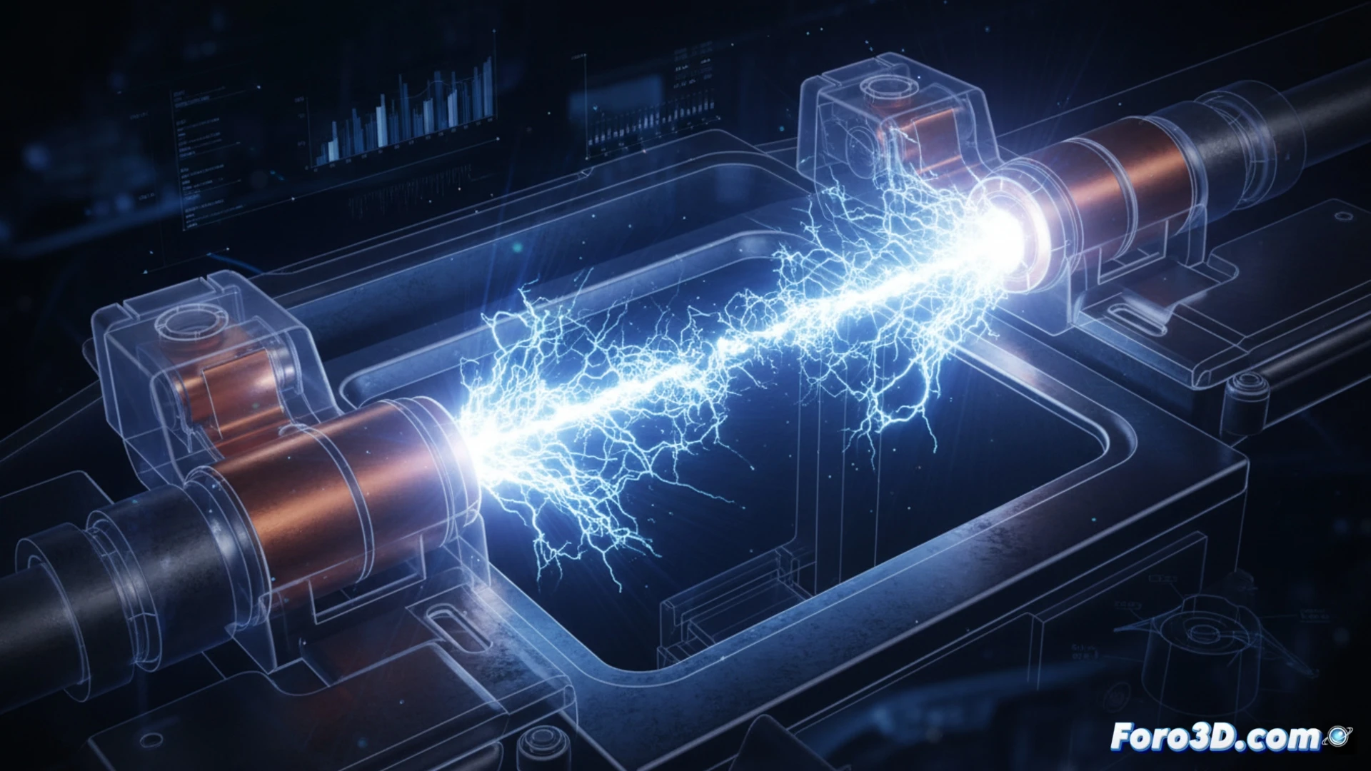 Simulación 3D de arco eléctrico en conector de batería vehicular con partículas y luz volumétrica