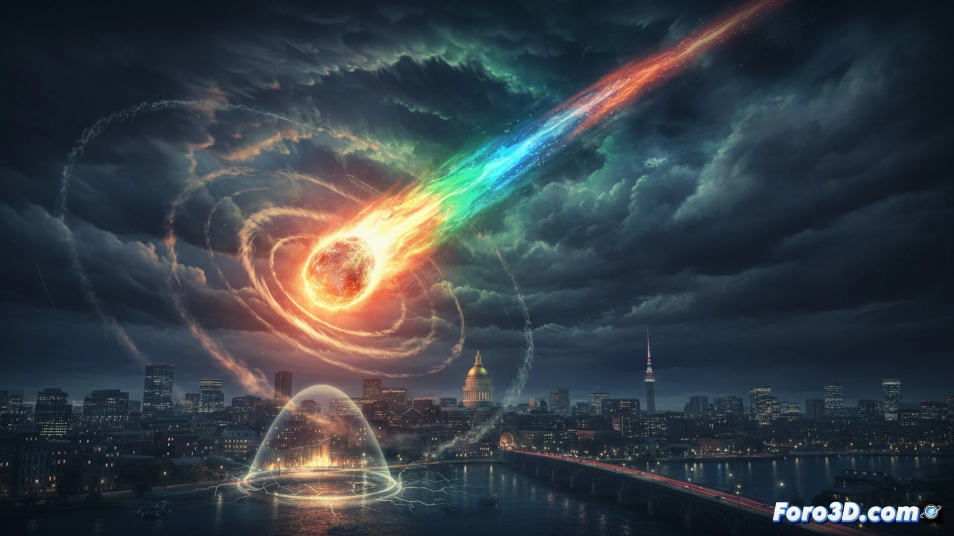 Simulación 3D del bólido de Boston con ondas de choque y estela incandescente en el cielo nocturno