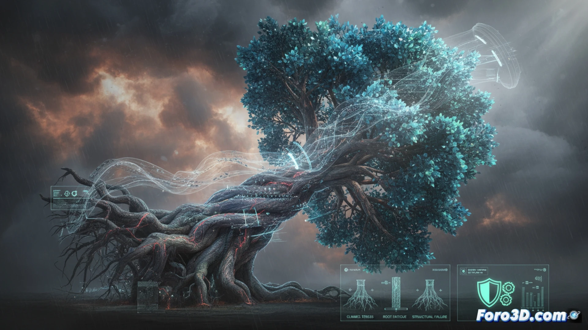 Simulación 3D del colapso de un árbol purificador mostrando grietas en el tronco y raíces expuestas en tormenta