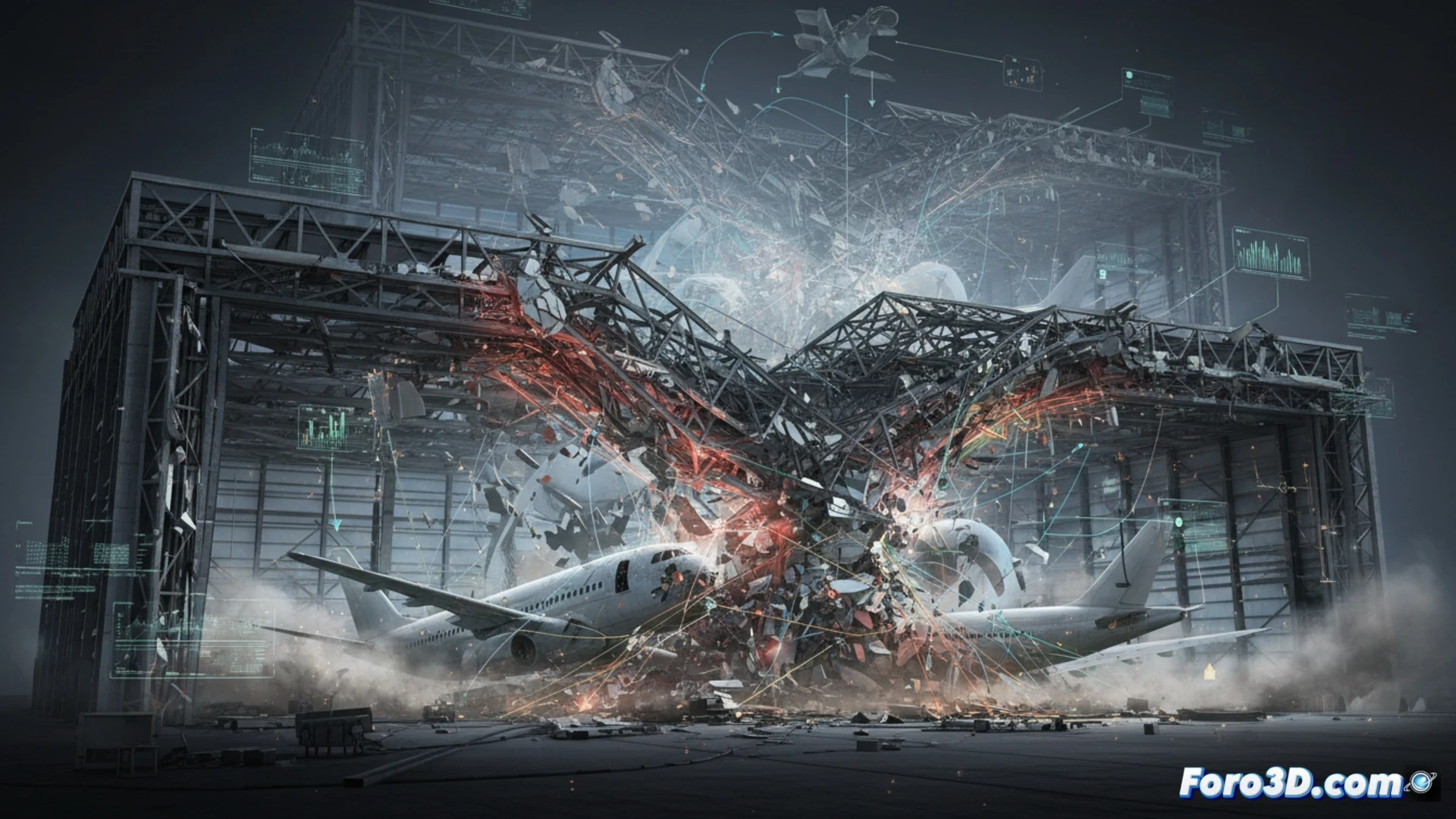 Simulación 3D del colapso de un hangar por fatiga estructural, mostrando grietas en vigas y deformación del techo