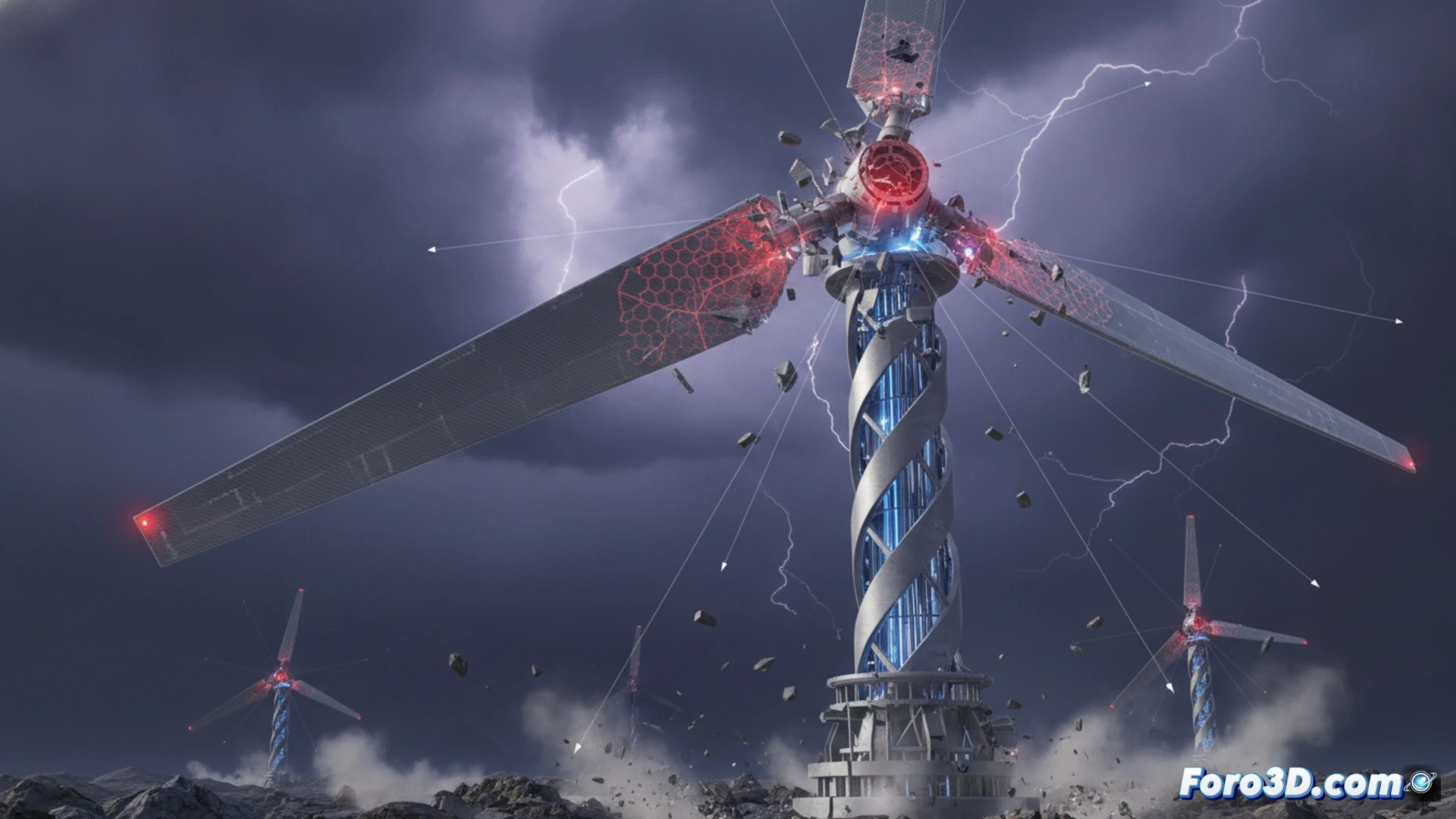 Simulación 3D de aerogenerador colapsando por fatiga de materiales y viento extremo, estudio de catástrofe tecnológica