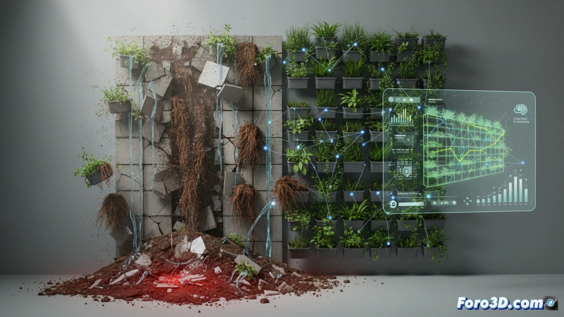 Simulación 3D de un muro vivo colapsando por saturación de agua, con grietas y tierra desprendida.