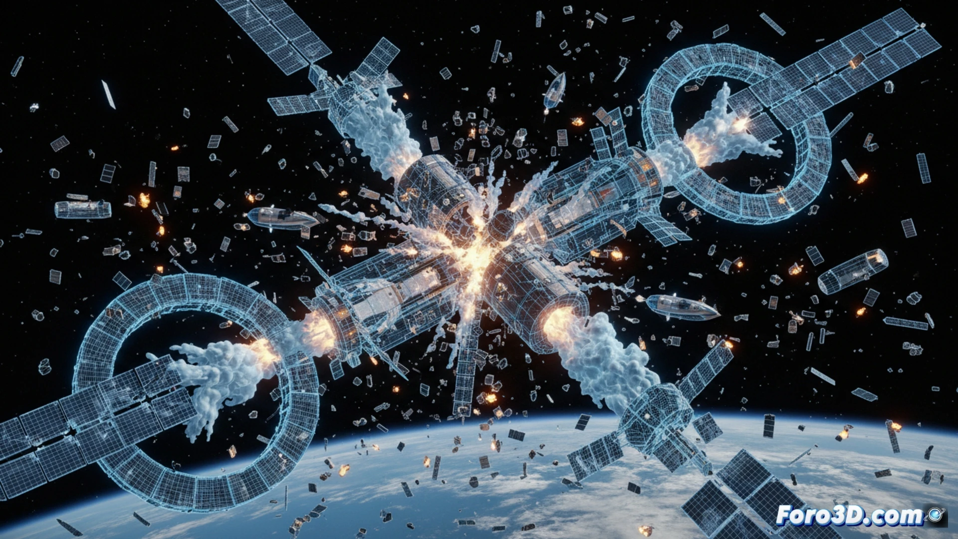 Simulación 3D del colapso de estación orbital turística con fisuras y escombros dispersándose en el espacio