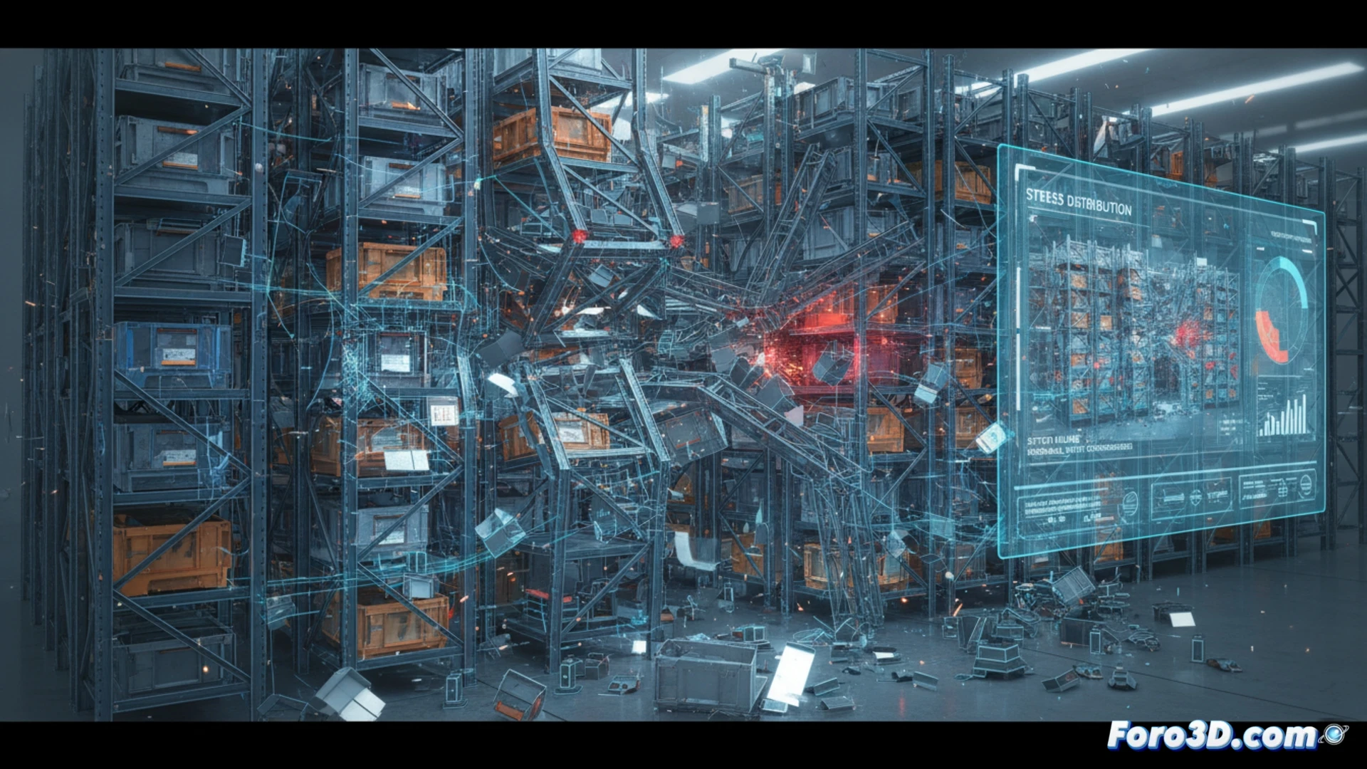Simulación 3D de fallo en estanterías robóticas industriales mostrando tensiones estructurales y puntos de colapso en la cadena de suministro