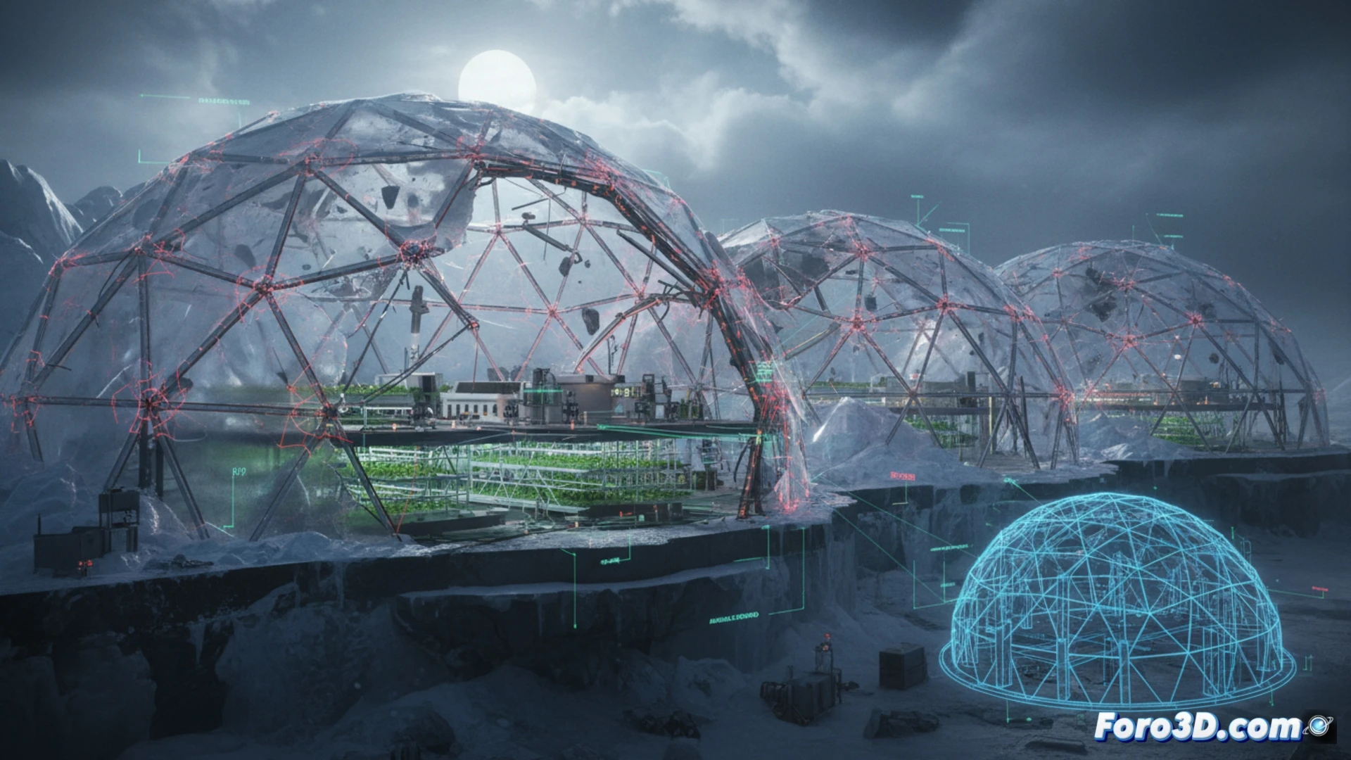 simulación 3D de invernadero polar colapsando bajo nieve y viento extremo, con grietas visibles en la estructura metálica