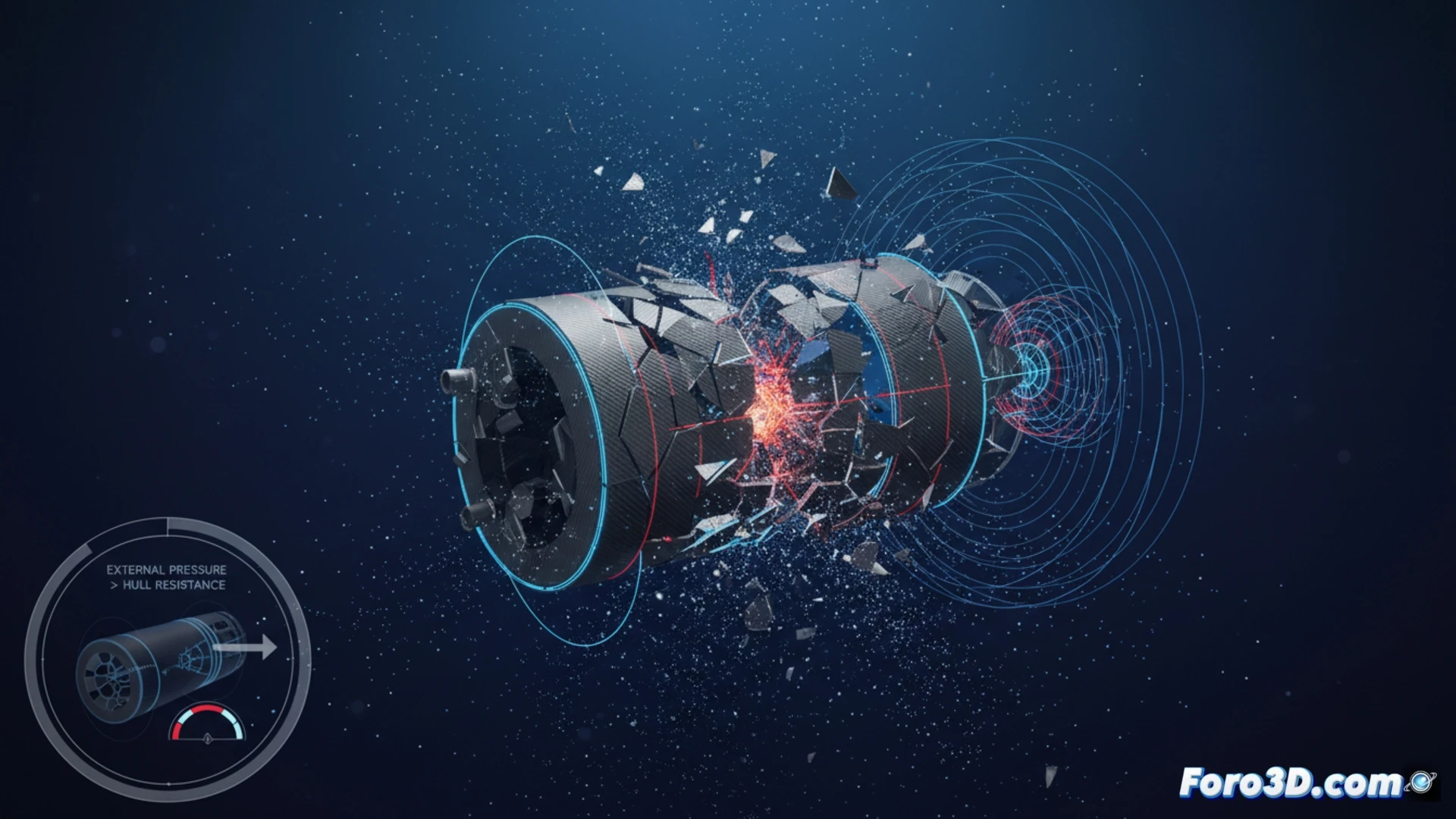 Simulación 3D del colapso por presión hidrostática en un sumergible turístico a gran profundidad oceánica