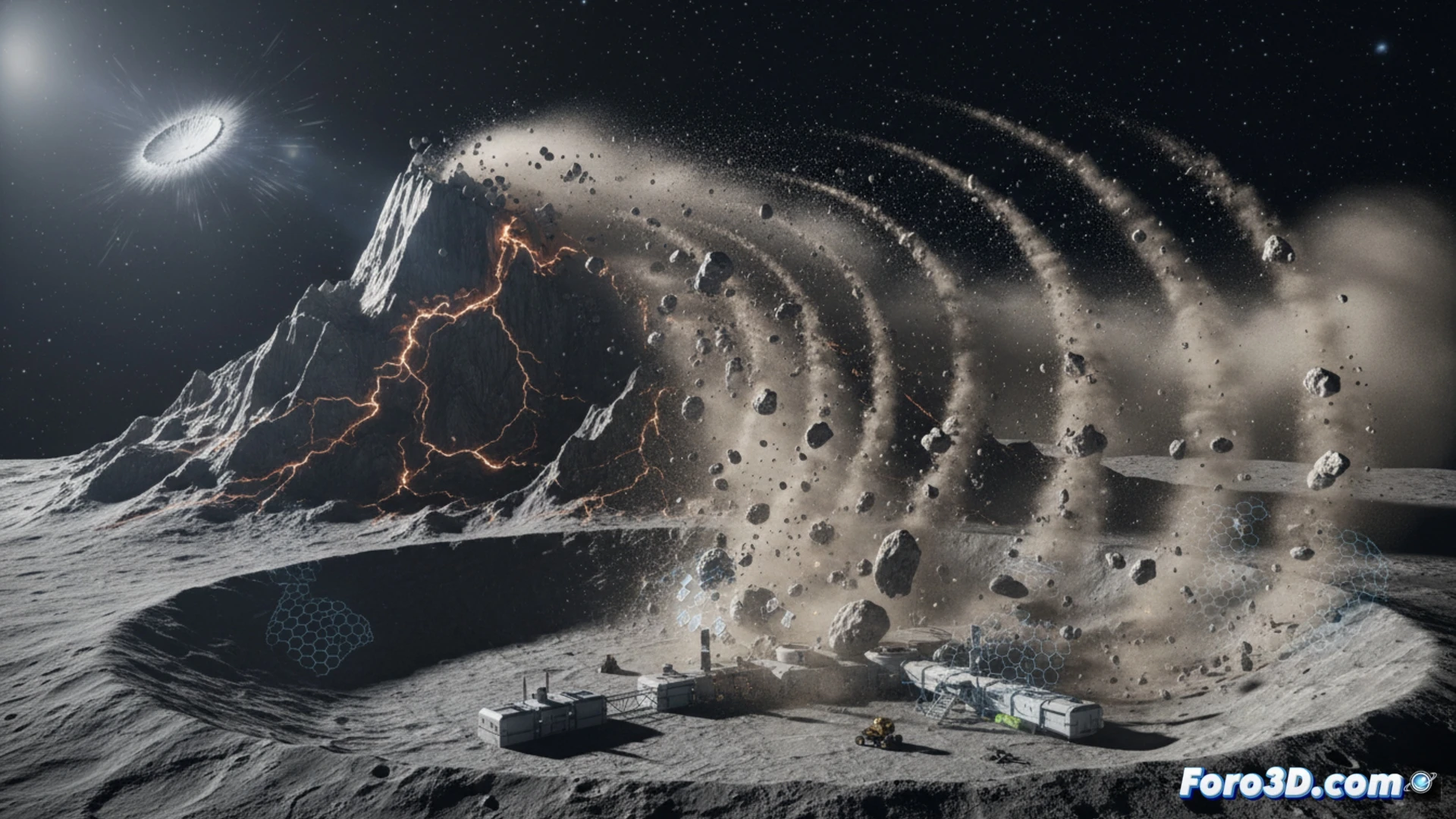 Simulación 3D de un derrumbe lunar con escombros flotando en baja gravedad y polvo elevándose sin atmósfera