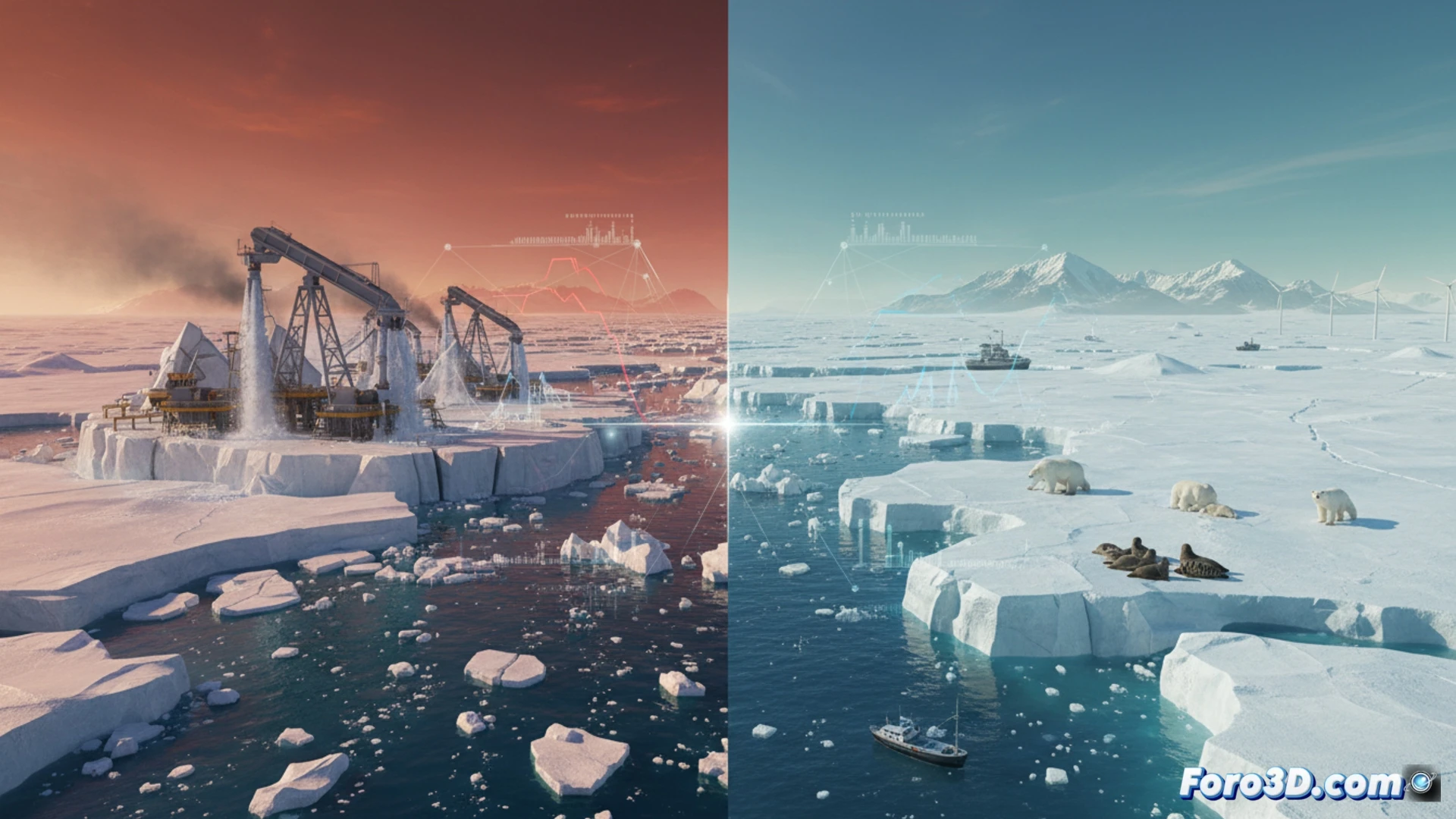 Mapa 3D del Ártico con capa de hielo adelgazada y barcos bombeando agua sobre la superficie helada