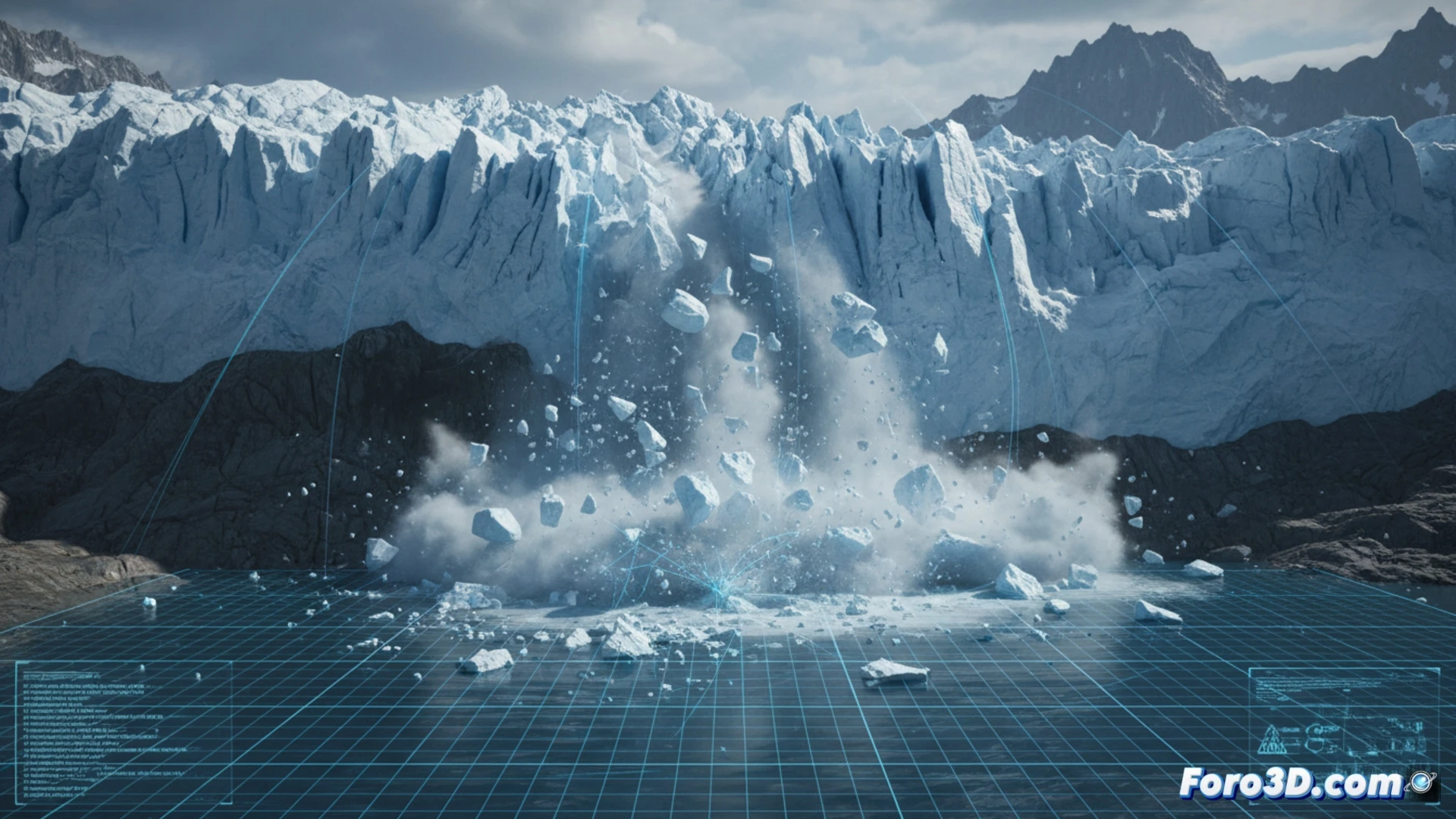 Simulación 3D de desprendimiento crioféretro, colapso glaciar y fragmentación de hielo en montaña