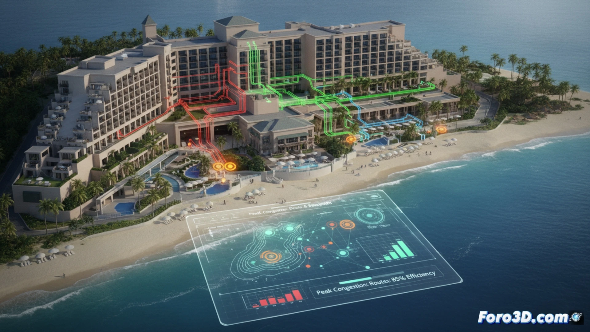 Simulación 3D de flujo logístico en hotel costero con muelles de carga y recepción de huéspedes