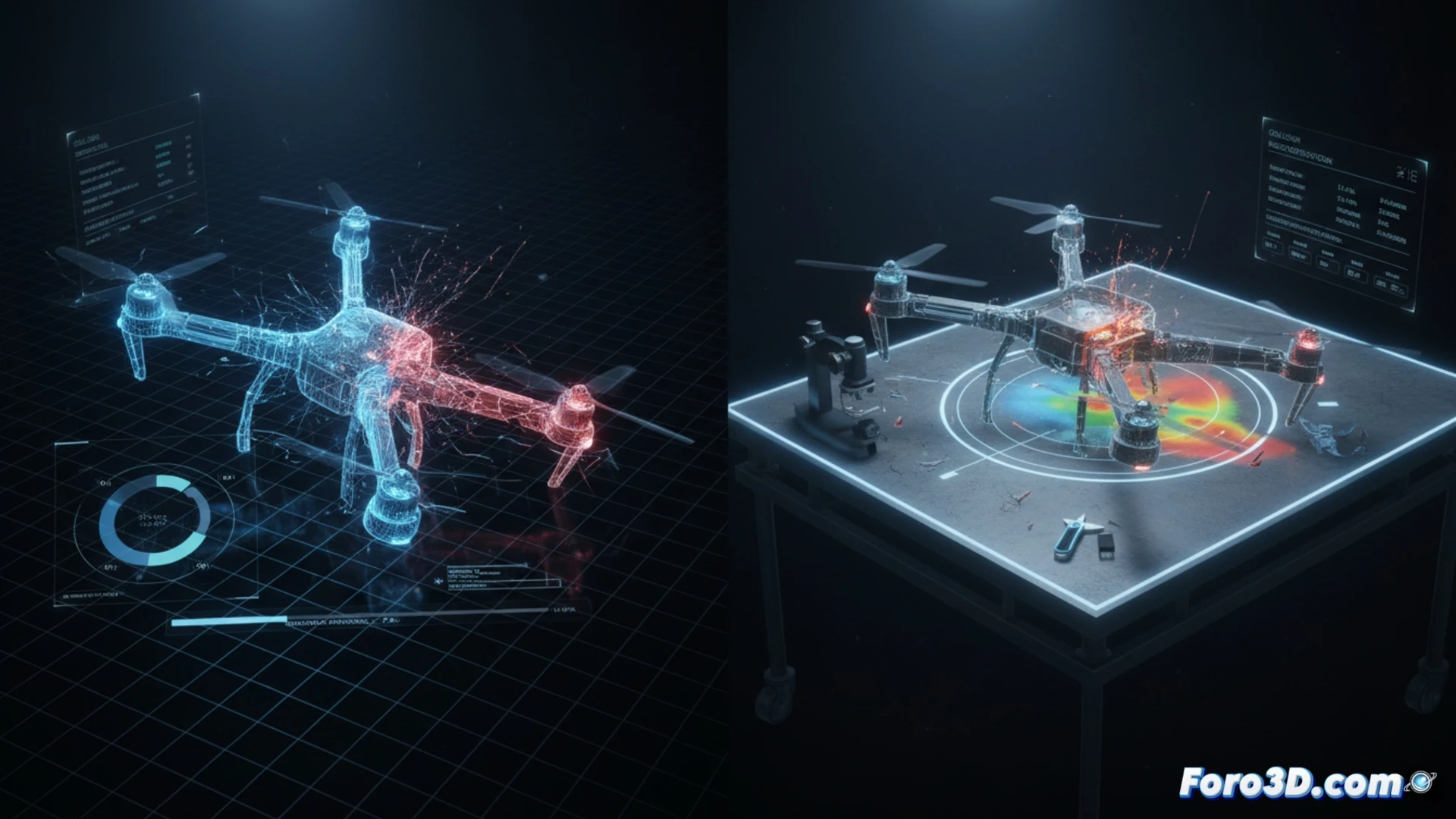 Simulación 3D de colisión entre drones con análisis forense de impacto y trayectorias