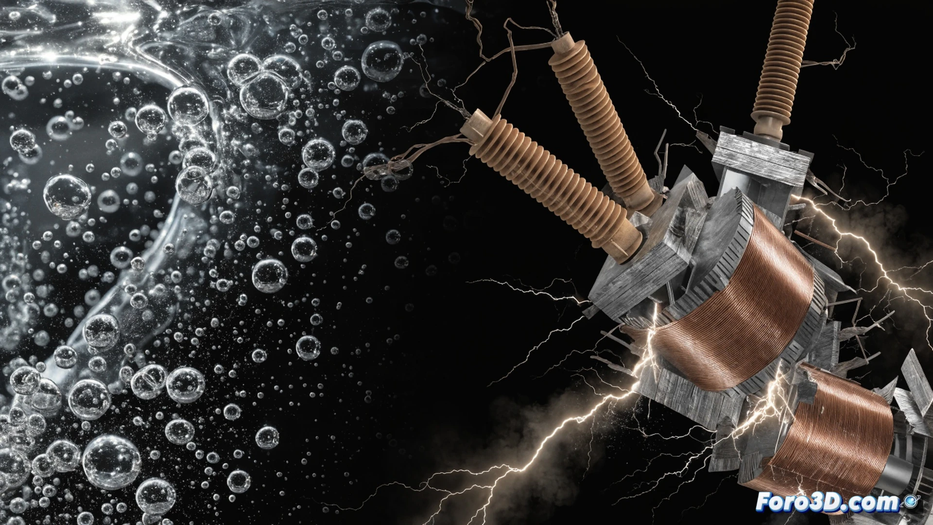 transformador eléctrico de subestación parcialmente seccionado, aceite dieléctrico burbujeando violentamente dentro del tanque, burbujas ascendiendo hacia bobinas de cobre expuestas, un arco eléctrico brillante formándose entre devanados, humo ionizado emergiendo, estructura metálica deformada por presión interna, fondo con interfaz de software mostrando malla COMSOL y nube de puntos FARO Scene superpuesta, estilo cinematic engineering visualization, iluminación dramática con destellos naranjas y azules, texturas metálicas realistas, detalles de corrosión y carbonización, alto contraste, fotorealismo técnico