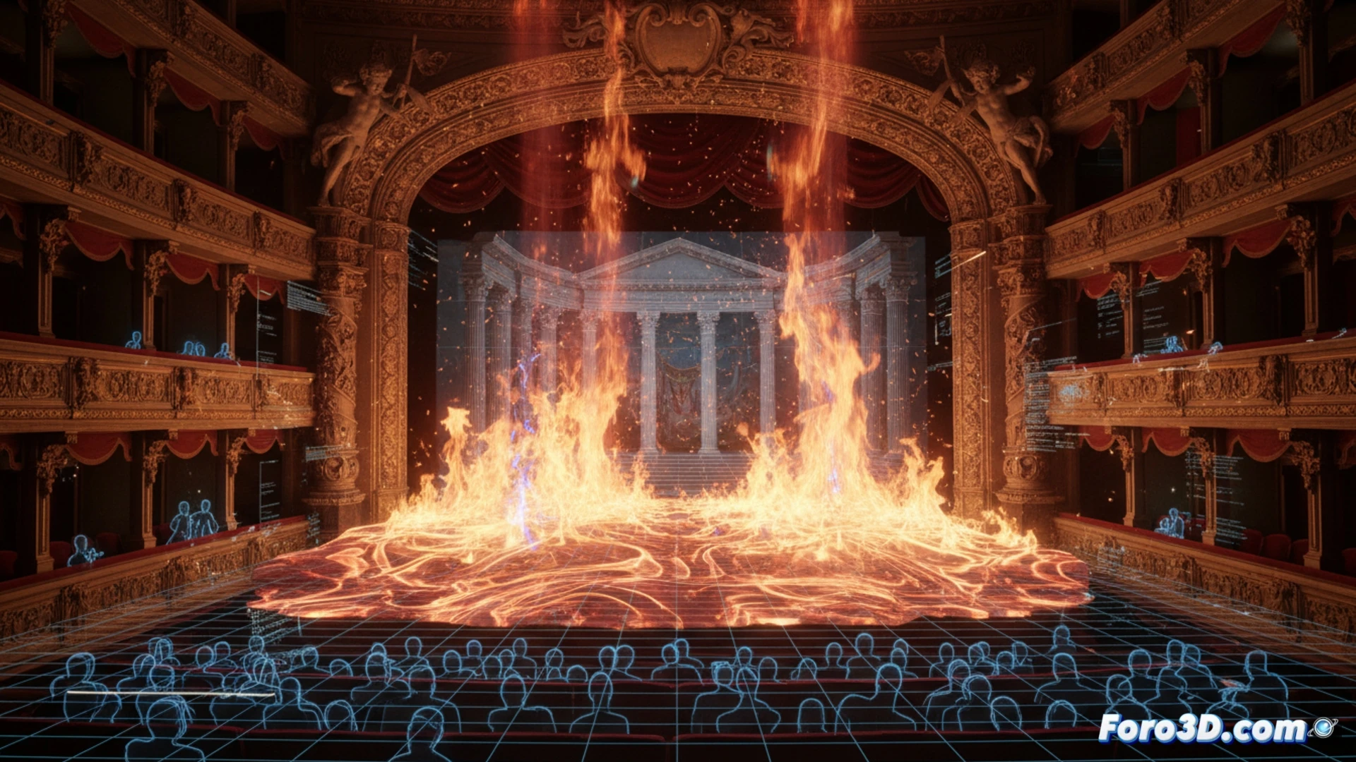 Simulación de fuego en teatro histórico con partículas y fluidos dinámicos para VFX realista en 3D