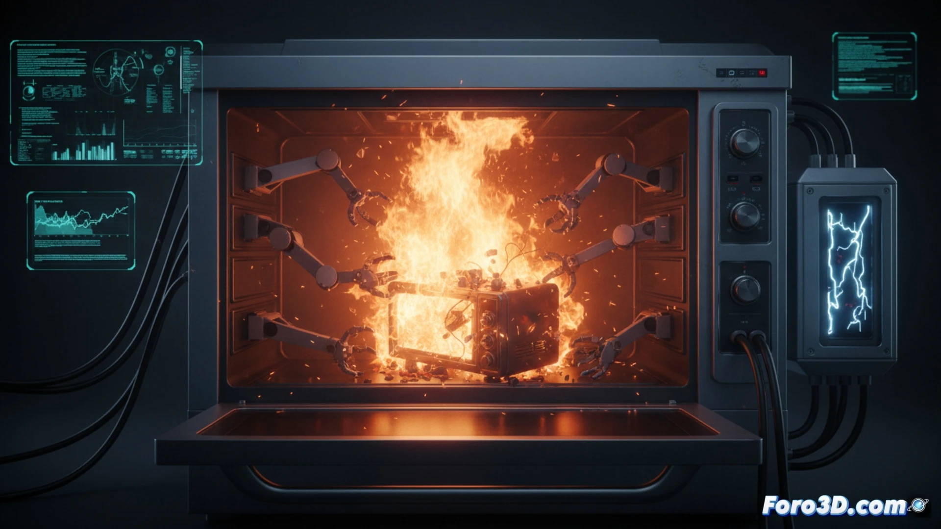 Simulación digital de incendio en horno robotizado con partículas y física térmica realista para VFX