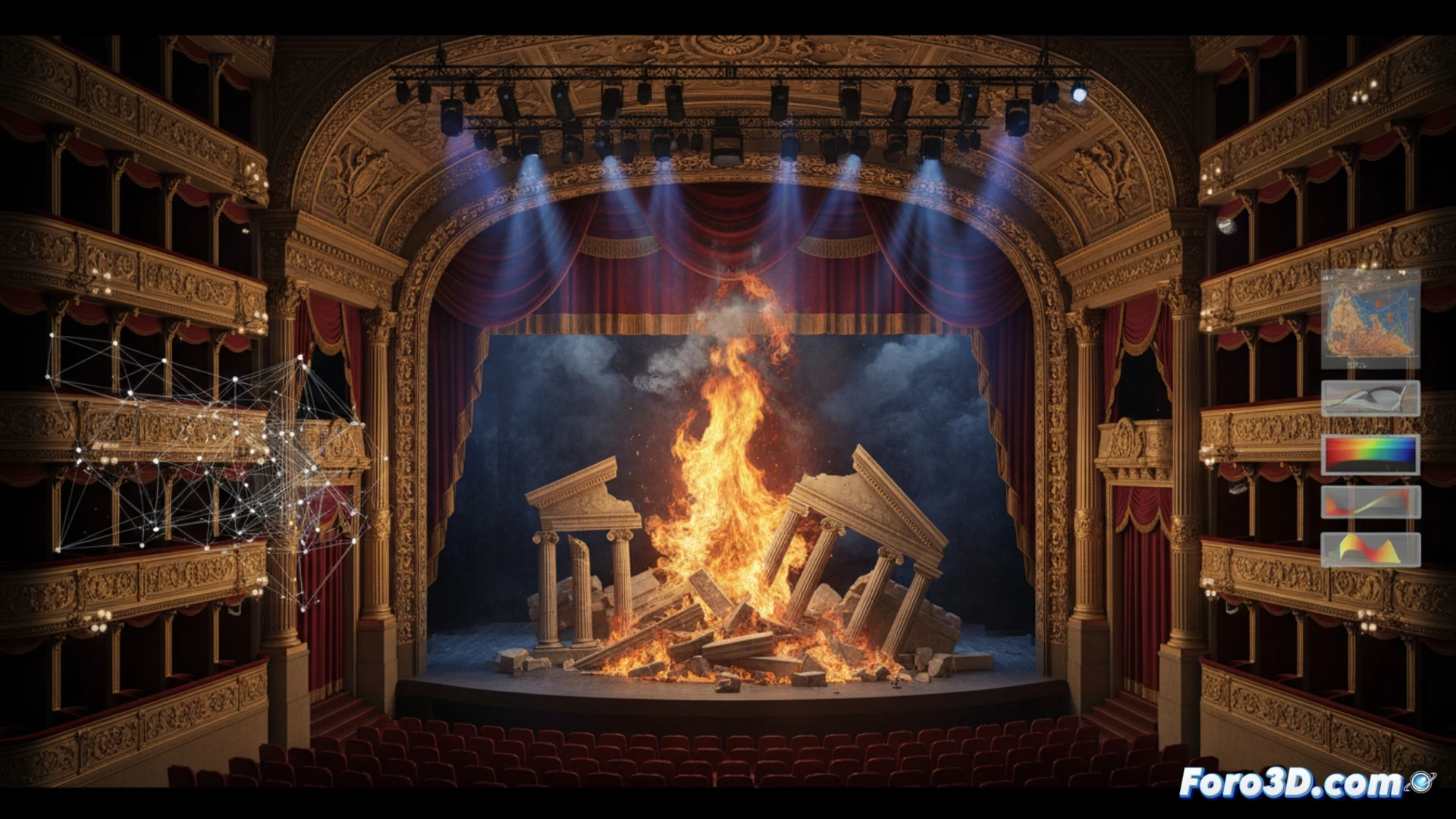 Simulación de incendio escénico en teatro de ópera con partículas, humo y dinámica de fluidos realista