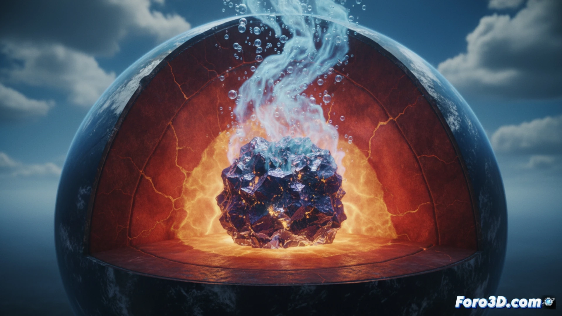 Deep earth mantle cross-section simulation, manganese compound crystals forming under extreme pressure and temperature, oxygen molecules being released from crystal lattice during phase transition, glowing orange and blue molecular structures interacting, supercomputer server racks in background processing real-time data, volumetric rendering of geological layers, particle streams showing oxygen diffusion upward through mantle, cinematic scientific visualization, dramatic lighting from molten rock below, photorealistic technical illustration, ultra-detailed crystalline formations, computational fluid dynamics patterns