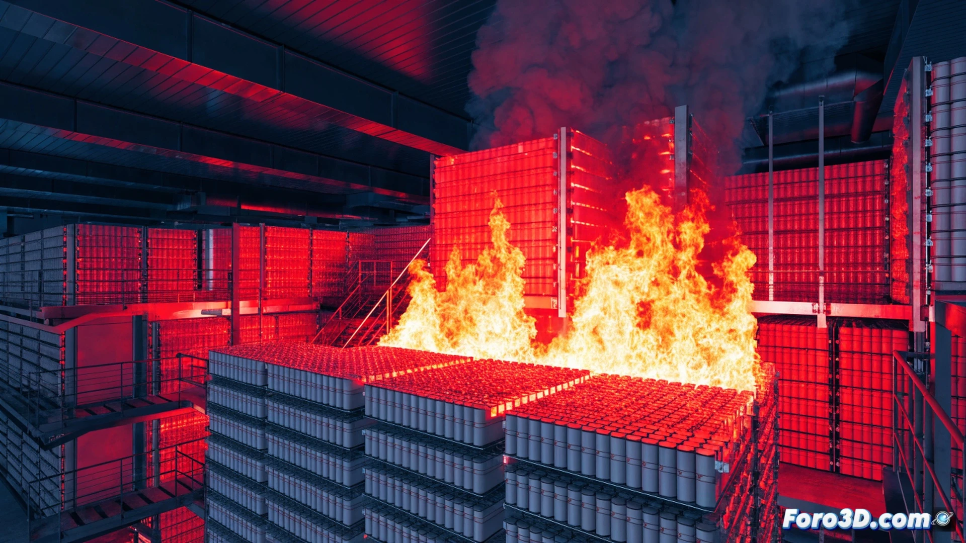 Almacén industrial con estanterías metálicas, módulos de baterías de sodio en llamas, humo denso ascendiendo, propagación térmica entre celdas adyacentes, simulación 3D abierta en pantalla de monitor mostrando PyroSim con mapa de calor y líneas de flujo de fuego, ingeniero señalando puntos críticos en la visualización, escena de acción con llamas anaranjadas y azuladas, reflejos cálidos en superficies metálicas, estilo photorealistic technical illustration, iluminación dramática de emergencia, detalles de ventilación y extintores en fondo, ultra-detallado, cinematic engineering visualization
