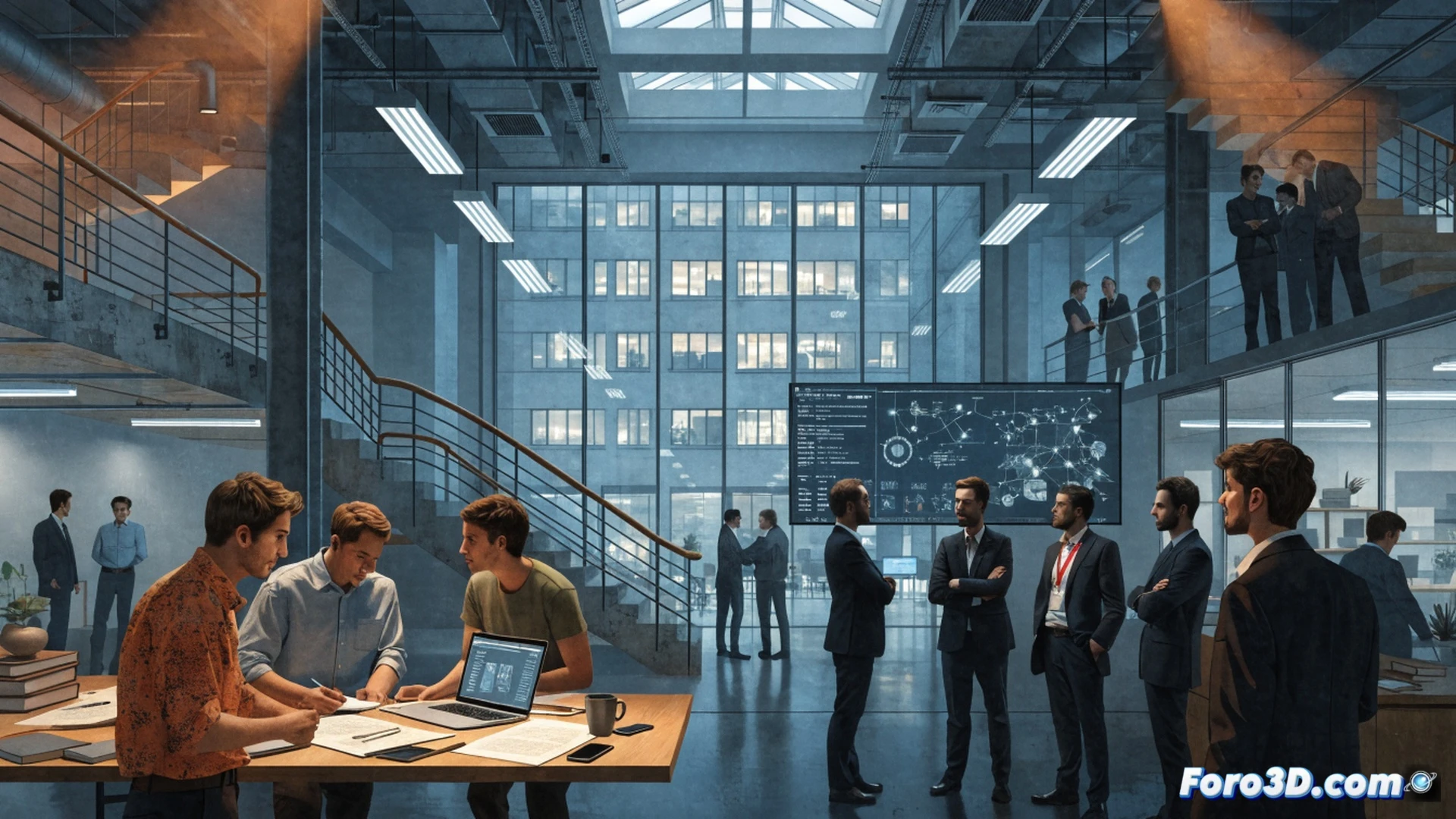 Wikimedia UK office interior, workers gathered around a desk with laptops and union leaflets, a manager standing apart holding a termination letter, a Wikipedia globe icon on a monitor flickering with a red warning overlay, an empty desk with a nameplate removed, tension visible in crossed arms and stern expressions, cinematic photorealistic style, dramatic overhead fluorescent lighting, deep shadows, documentary photography aesthetic, technical workplace conflict scene, ultra-detailed office equipment and clothing textures
