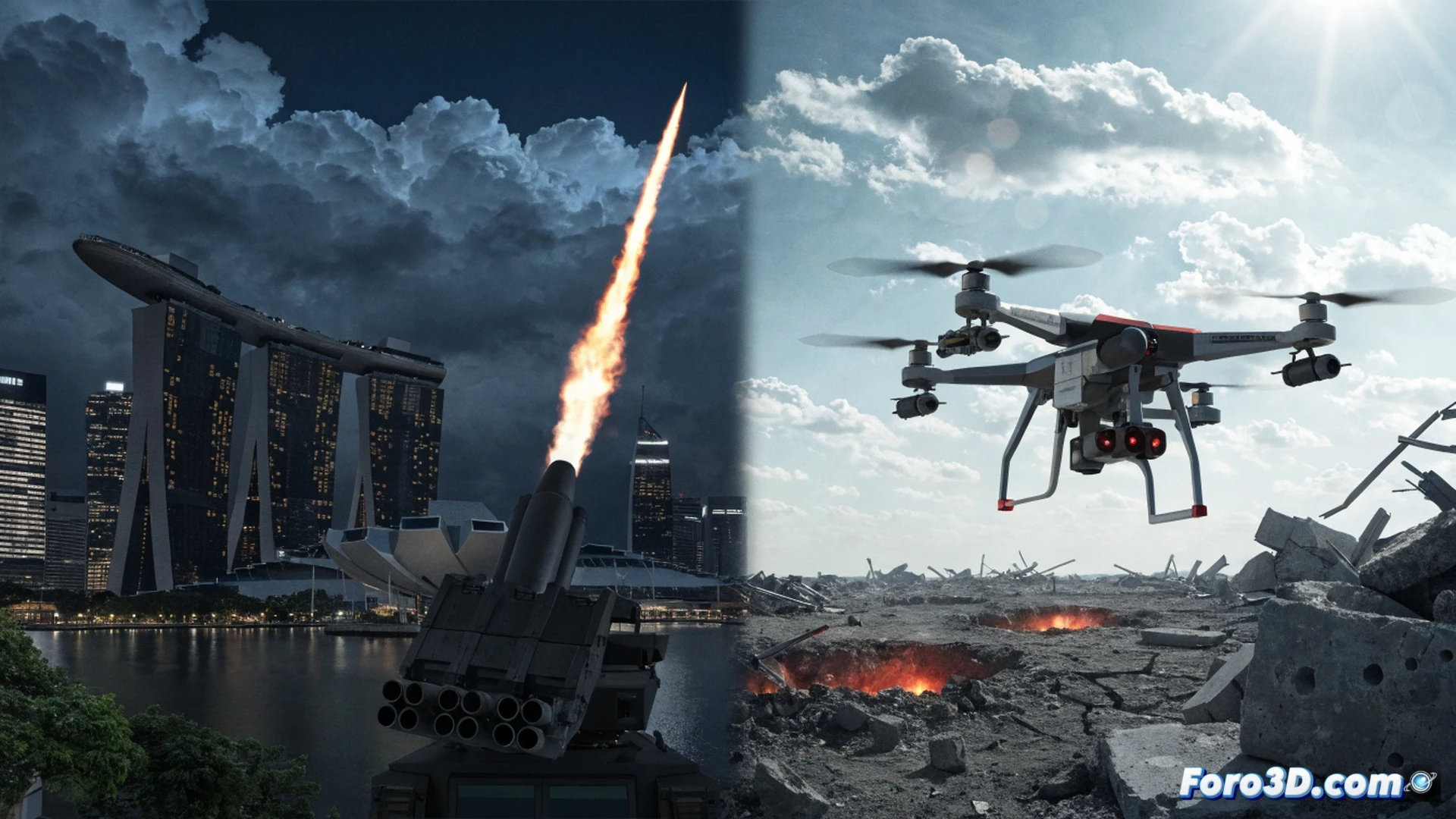 Three military drones flying over a crowded shipping port, one drone firing a missile at a cargo ship, explosion near the hull, smoke rising, other ships and cranes in background, red warning indicators on a radar screen showing multiple threats, weak defense lines represented by broken glowing barriers around the port, dramatic sunset sky with dark clouds, cinematic photorealistic technical illustration, high contrast lighting, debris particles in air, motion blur on drone propellers, ultra-detailed metal textures, industrial harbor setting, tense atmosphere, wide-angle view showing scale of vulnerability