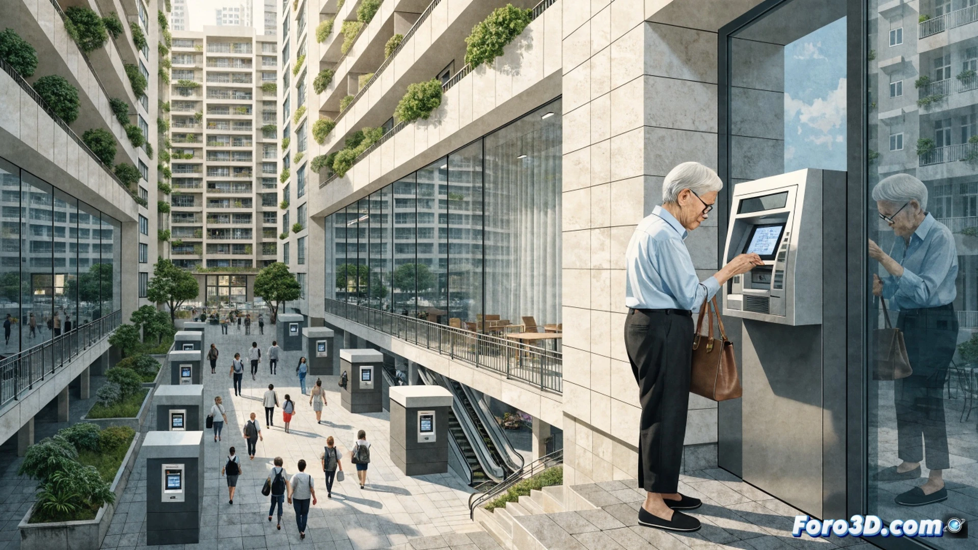 Senior citizen using a public housing block ATM in Singapore, elderly woman inserting card into machine while holding cash, modern HDB flats in background under bright tropical daylight, bank branch visible 50 meters away with queue of people waiting, palm trees and public benches nearby, photorealistic urban scene, clear signage on ATM screen showing transaction process, security camera above machine, concrete pavement with tactile paving, realistic shadows from afternoon sun, detailed brick textures and glass railings, cinematic depth of field, inclusive financial technology demonstration