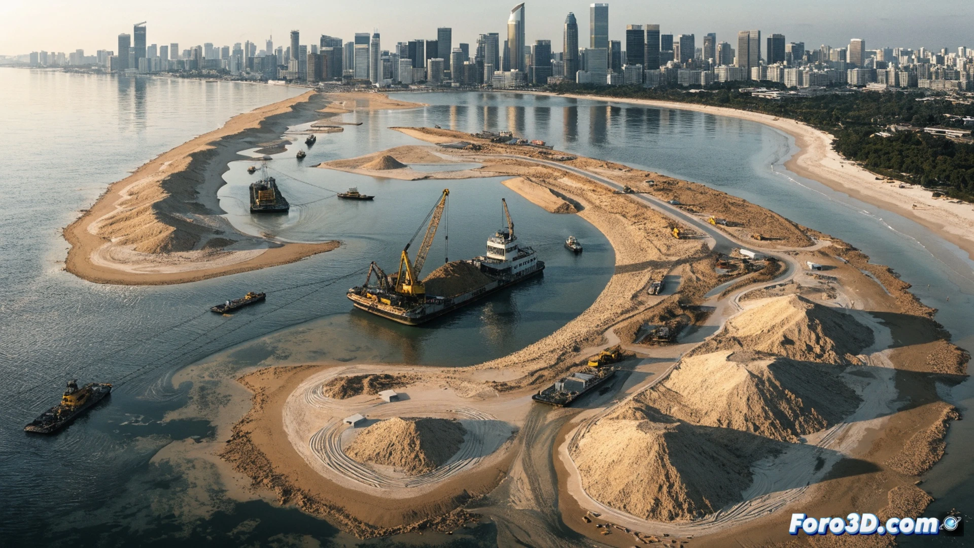 massive coastal engineering project in Singapore, East Coast Park shoreline preparation for Long Island barrier, excavator vessels removing marine obstacles 130 meters offshore, sand dyke construction beginning with sediment dumping, survey boats mapping seabed, crane barges positioning geotextile tubes, calm sea with restricted work zone markers, tropical sky with cumulus clouds, cinematic photorealistic engineering visualization, wide-angle industrial scale, bright daylight, heavy machinery in action, precise technical operations, hyper-detailed marine construction equipment, realistic water reflections