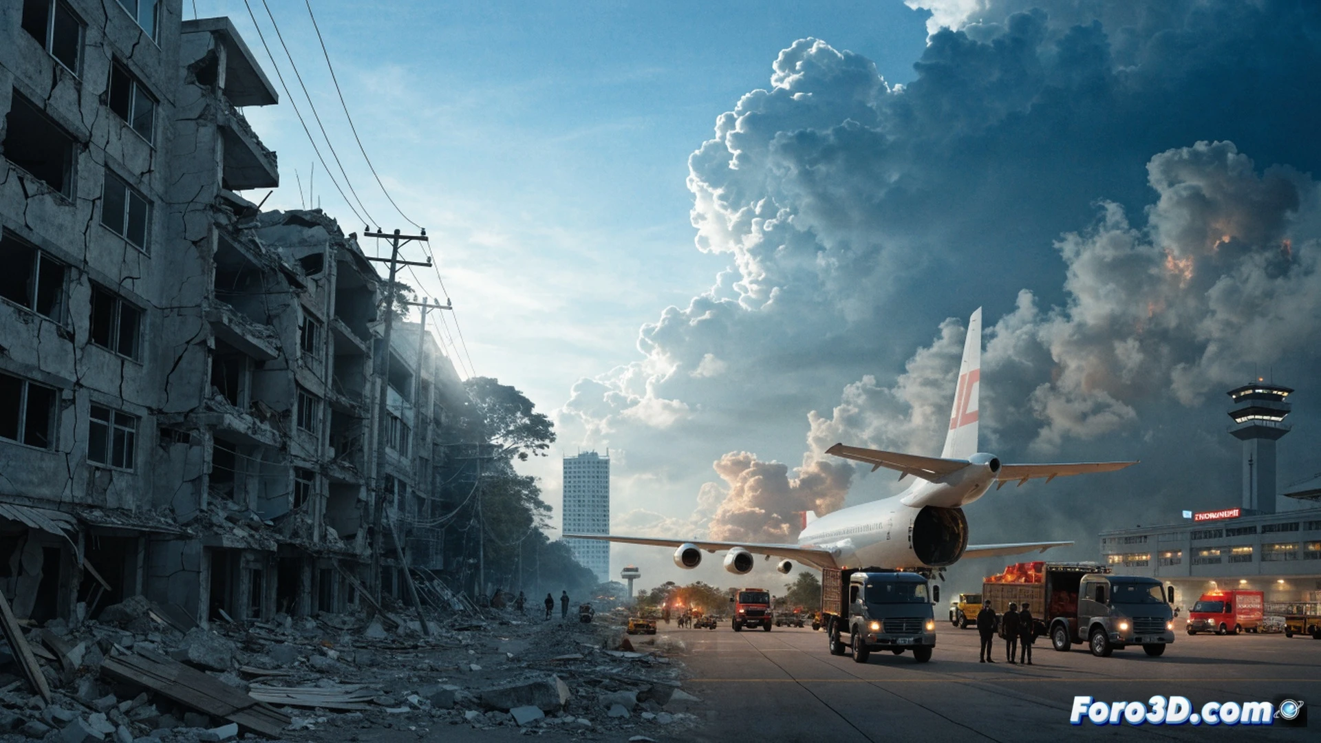 photorealistic aerial view of a collapsed concrete bridge in a Philippine coastal town, rescue workers in orange uniforms using hydraulic cutting tools and thermal imaging cameras to search debris, a Singapore military helicopter with red cross marking hovering overhead lowering a pallet of emergency supplies, cracked road surface with scattered rubble, dust particles floating in warm tropical sunlight, dramatic shadows from late afternoon sun, ultra-detailed structural damage, cinematic documentary style, realistic textures of broken rebar and shattered asphalt, wide-angle lens composition showing scale of destruction