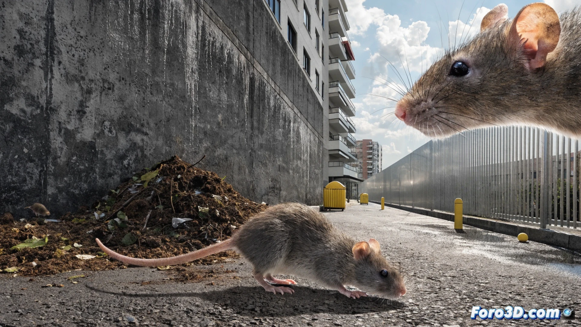 urban rat control scene in Singapore night street, sanitation worker in protective gear using digital tablet to inspect a waste bin area, sealed metal bins with sensor lids, motion-activated trap device with LED indicator, drain grates with anti-rodent mesh, clean pavement with no litter, realistic urban environment, bright street lighting, dramatic shadows, photorealistic technical illustration, high detail on equipment and infrastructure, demonstrating effective pest management process