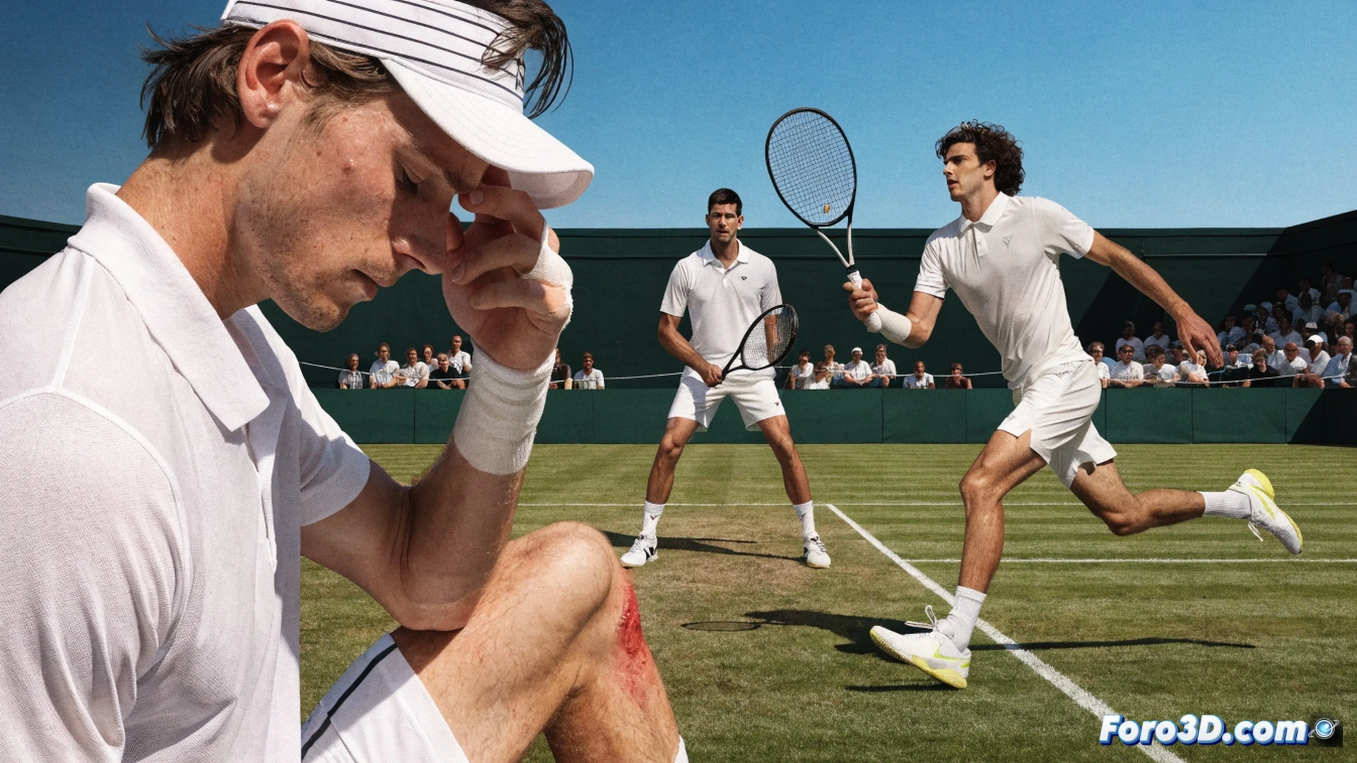 Wimbledon grass court at golden hour, Jannik Sinner mid-serve motion with visible strain on hip area, racket strings vibrating during impact with ball, shadowed opponent Djokovic crouched in return position on opposite baseline, Zverev adjusting grip in background, grass blades displaced underfoot, medical tape wrapped around Sinner’s waist, court lines sharp in focus, tension in facial expressions, photorealistic sports photography style, dramatic side lighting, motion blur on ball trajectory, high-speed shutter effect, cinematic depth of field