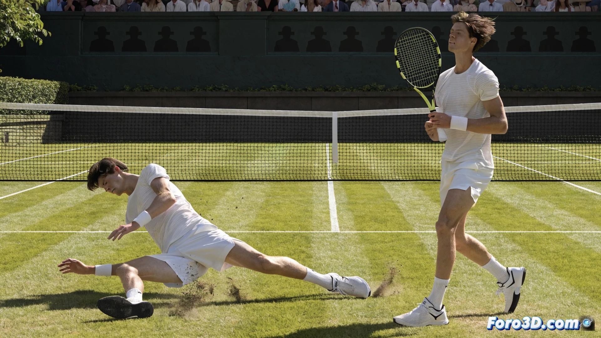 tennis player Jannik Sinner slipping on grass court during Wimbledon match, left foot losing traction on worn turf, right knee bending to regain balance, racket raised mid-swing, body leaning forward dramatically, grass blades spraying sideways from impact point, motion blur on clothing, overhead slow-motion camera angle capturing the moment of instability, photorealistic sports action visualization, sharp sweat droplets frozen in air, leg muscles tensed under white shorts, grass court lines blurred in background, dramatic sunlight casting long shadows, ultra-detailed turf texture and shoe sole pattern, cinematic lighting emphasizing fall risk