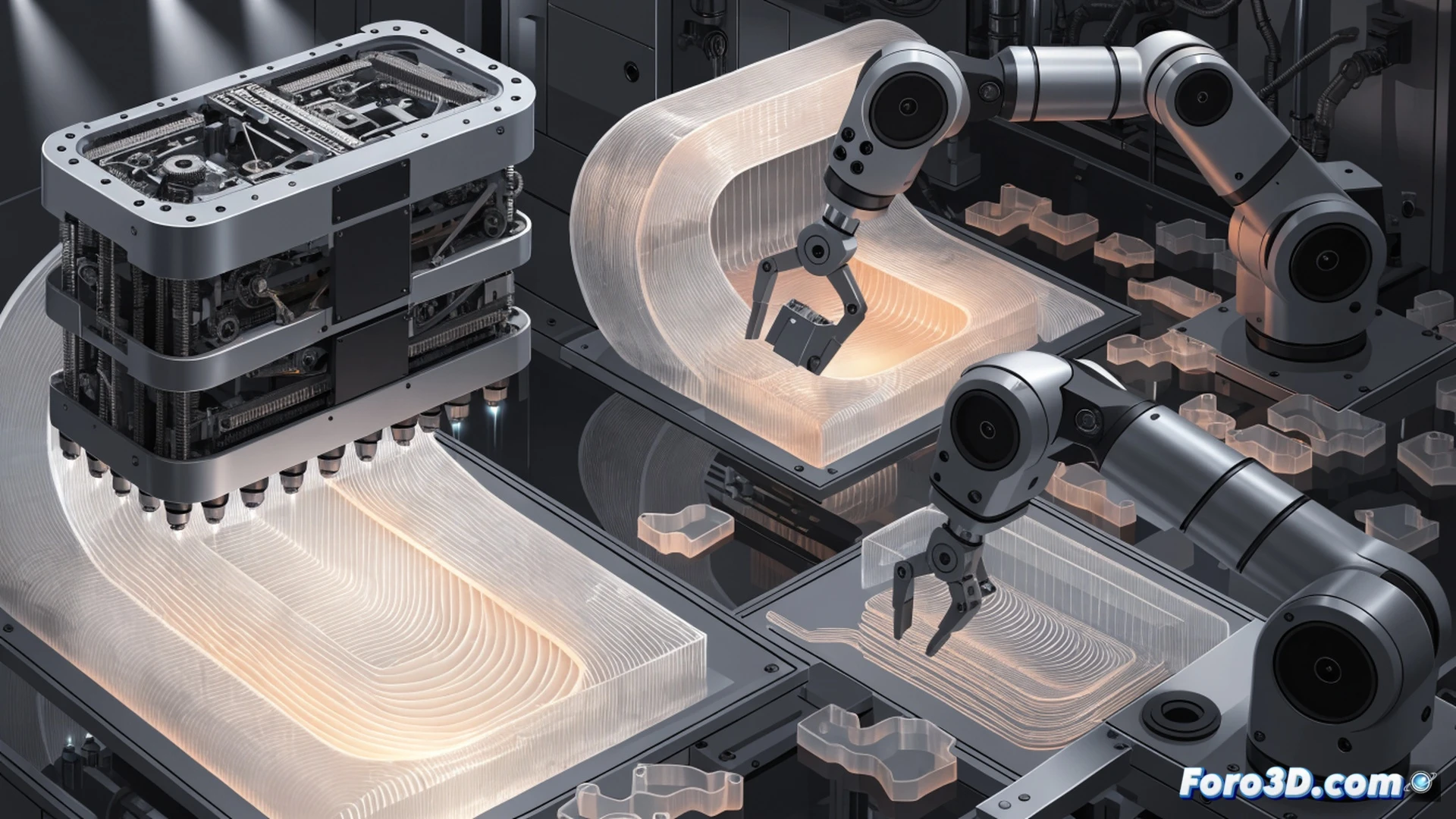 industrial exhibition hall, Equiplast 2026 banner visible, Siocast 3D printer actively depositing molten plastic filament layer by layer, rapid print head movement creating a transparent bottle prototype, operator hand pressing start button on touchscreen interface, adjacent monitor displaying real-time cost-per-part reduction graph, plastic pellets hopper feeding machine, bright halogen spotlights illuminating the printing process, clean white booth with blue LED accents, photorealistic engineering visualization, sharp focus on nozzle and partially formed object, subtle motion blur on print head, metallic robotic arm nearby holding a finished toy piece, dramatic shadows emphasizing speed and efficiency