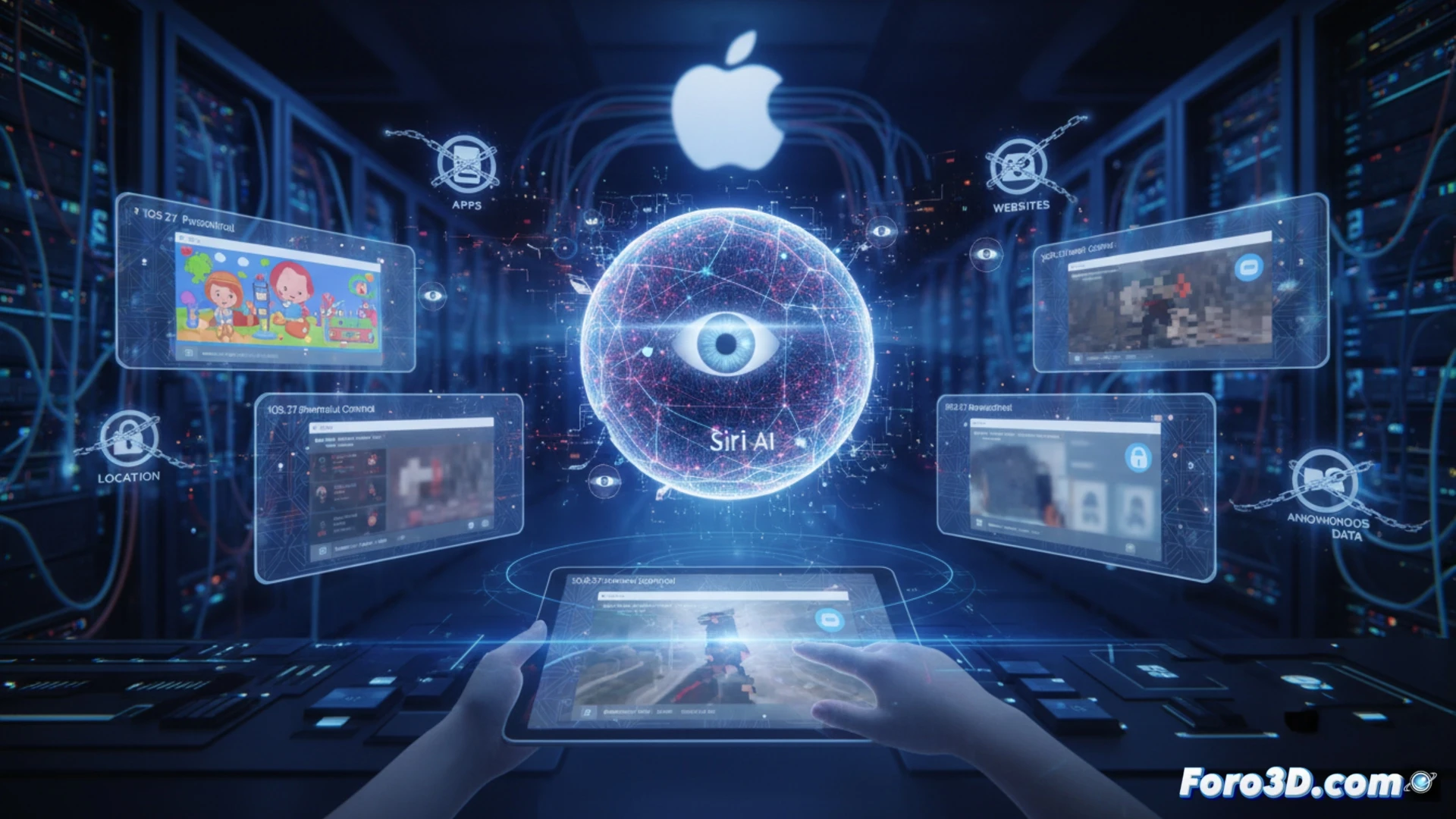 iPhone flotando sobre un escritorio minimalista, pantalla iluminada mostrando el análisis en tiempo real de Siri AI con capas de datos superpuestas, íconos de apps difuminados y un ojo estilizado vigilando desde la esquina superior, mientras un niño pequeño intenta tocar la pantalla pero su gesto es interceptado por un escudo translúcido de control parental, reflejos metálicos en el borde del dispositivo, sombras suaves, estilo photorealistic cinematic, iluminación tenue azulada y naranja, textura de vidrio y aluminio, alta definición técnica.