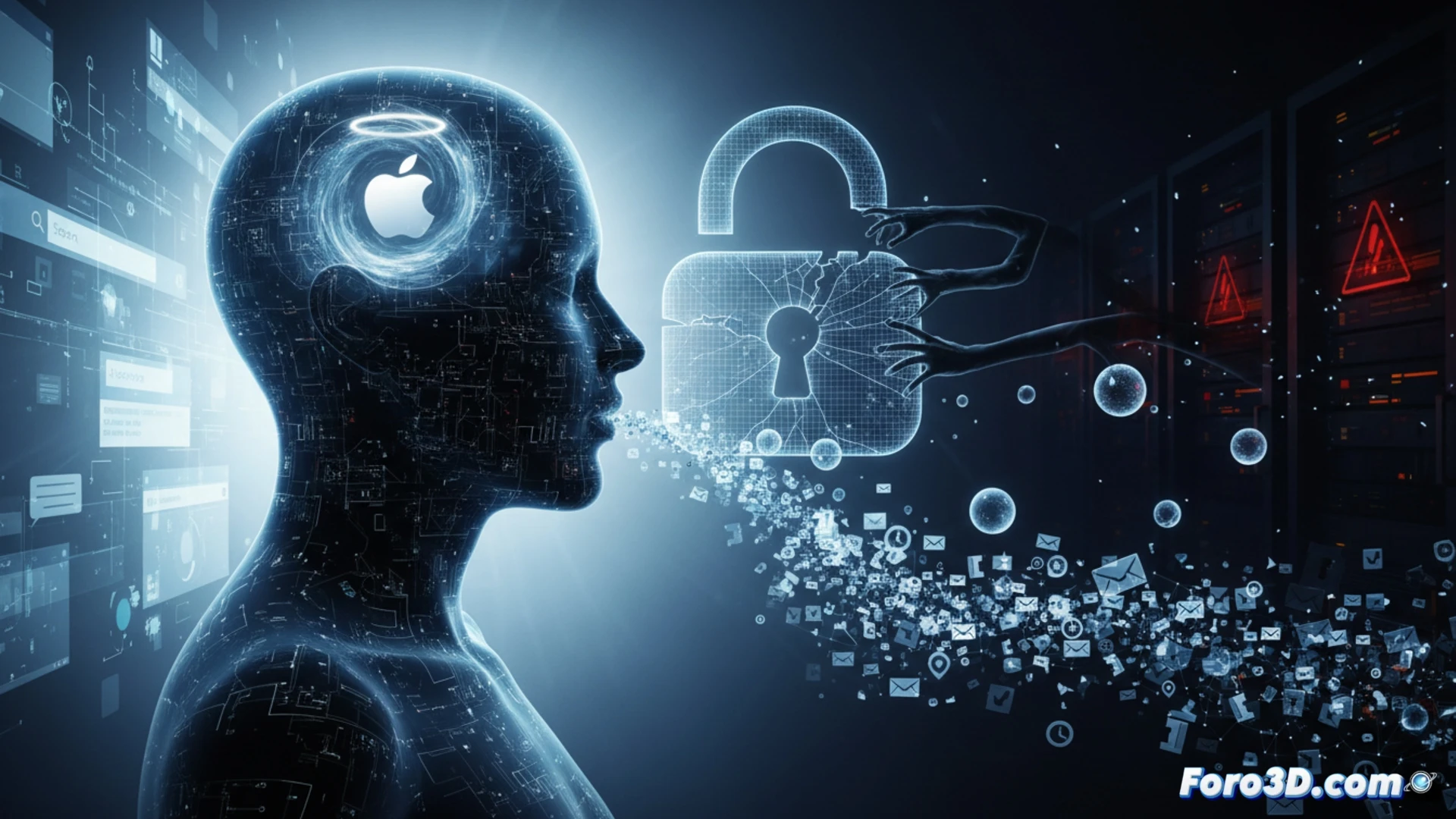 cinematic shot of a human silhouette holding a smartphone, glowing personal data streams leaking from the device into a massive cloud server structure, transparent digital locks cracking open, private emails and location pins floating out, health data graphs dissolving into the cloud, dark blue and neon orange lighting, photorealistic technical illustration, high contrast, metallic server racks in background, data cables pulsing with light, human face partially shadowed, dramatic tension, ultra-detailed