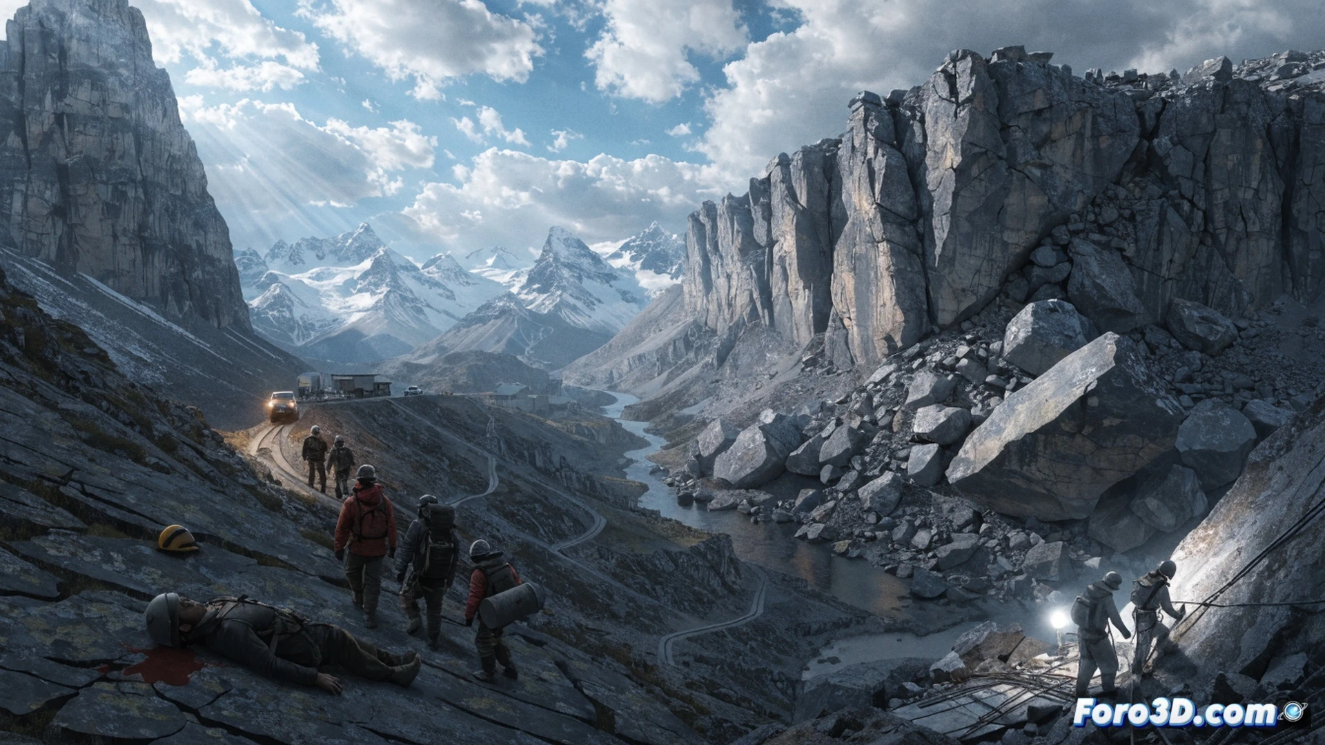 Rescue team in orange uniforms navigating rocky high-altitude terrain after earthquake, collapsed stone houses with cracked walls, miners evacuating from a damaged mine entrance, portable seismic monitoring equipment on the ground, dust clouds rising from debris, helicopter hovering in the background over snowy mountain peaks, cinematic photorealistic style, dramatic overcast lighting, detailed rubble textures, visible action of search and rescue operation, technical disaster scene
