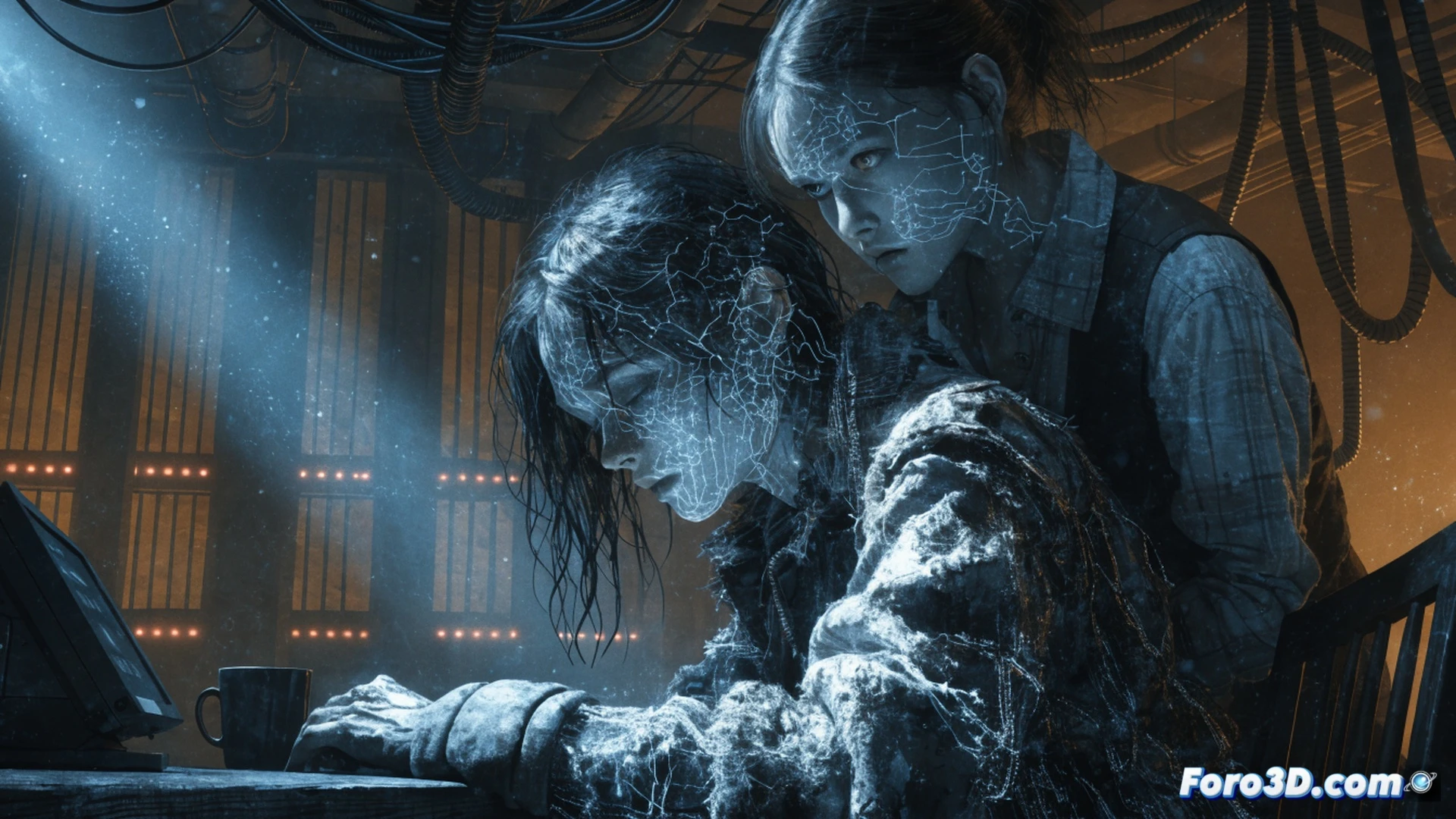 dark bedroom interior, young man with hollow eyes sitting at cluttered desk surrounded by scattered notebooks and glowing computer monitors, his hands typing frantically while spectral female figure emerges from shadows behind him, her fingers gently touching his shoulder, tangled wires and broken keyboard pieces scattered on floor, psychological horror atmosphere, cinematic visualization, cold blue and cyan lighting contrasting with warm amber desk lamp, dust particles floating in light beams, motion blur on typing hands, cracked screen showing corrupted text fragments, realistic textures on worn furniture and peeling wallpaper, photorealistic render, ultra-detailed facial expression showing internal conflict