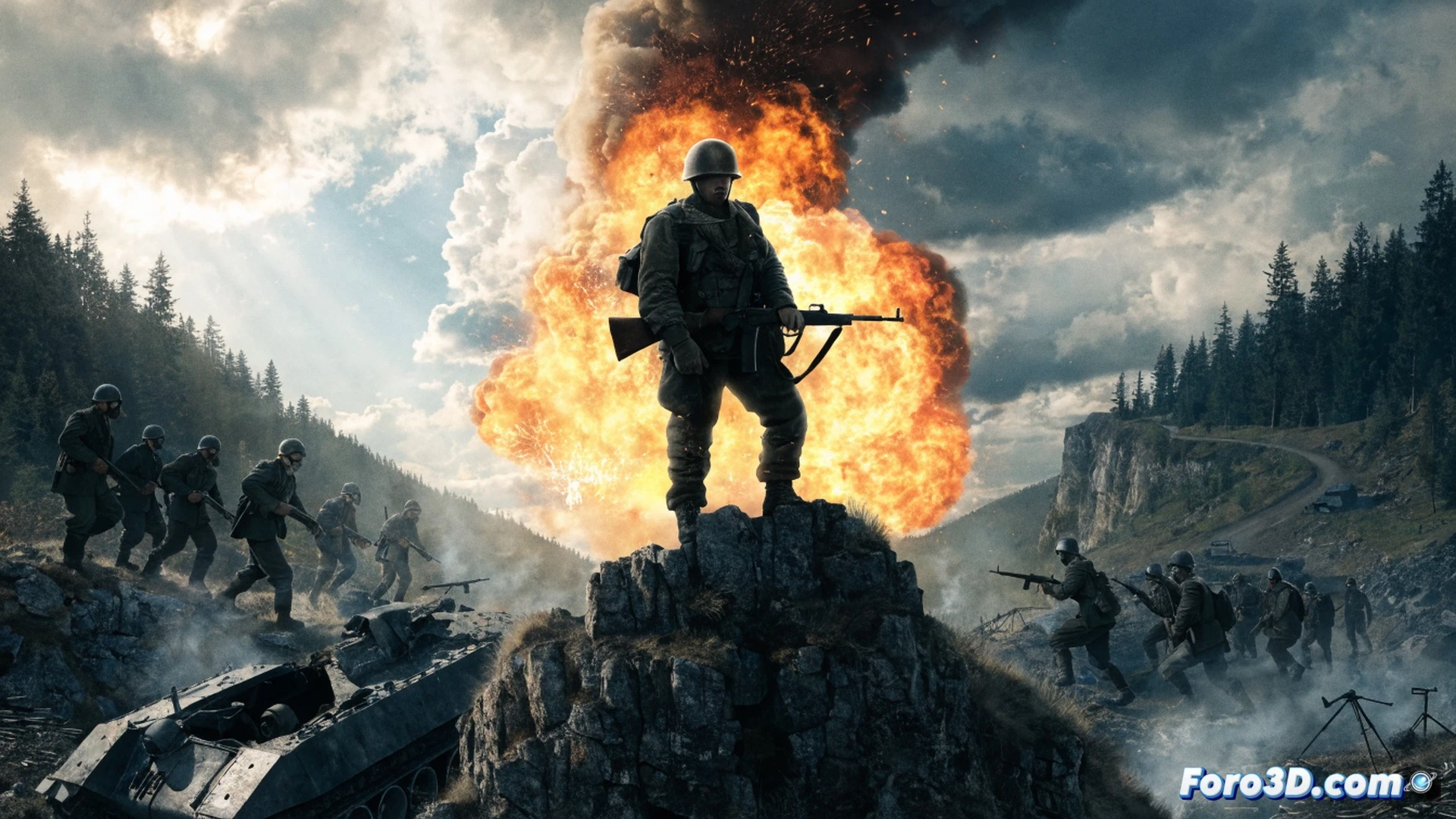 Cinematic scene of a lone soldier covered in mud and blood, gripping a rusted combat knife while standing on a destroyed Nazi jeep, flames and black smoke rising from wrecked military vehicles in a snowy Finnish forest, shattered helmet and gas mask on ground, broken radio equipment sparking, bullet casings scattered, dramatic low-angle shot, harsh orange firelight contrasting with cold blue snow, photorealistic war film aesthetic, intense gritty texture, dust particles in air, raw violent atmosphere