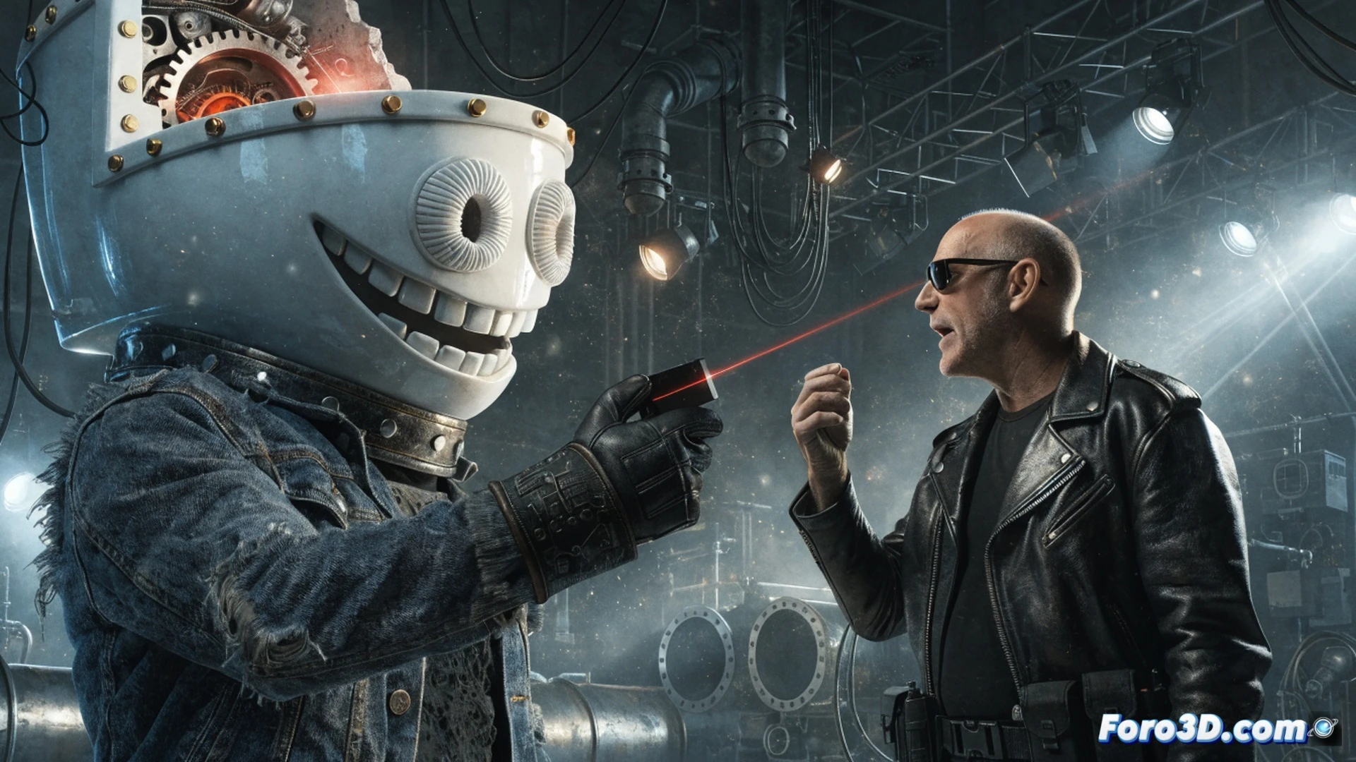 cinematic scene of a giant toilet-shaped robot transforming mid-air, metallic gears and hydraulic pistons visible during the morphing process, sparks flying from mechanical joints, cinematic engineering visualization, photorealistic render, dramatic orange-blue lighting, debris particles floating around, high-tech control panels in background, motion blur on rotating parts, ultra-detailed sci-fi machinery, industrial scale, action-packed transformation sequence