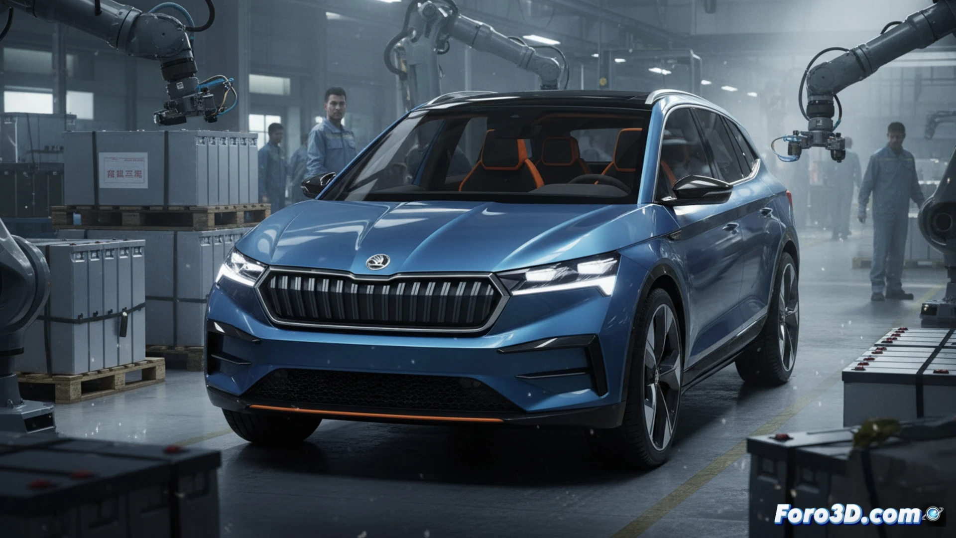 Skoda Epiq production line in Pamplona factory, robotic arms assembling front bumper onto white electric SUV body shell, workers inspecting battery pack with Chinese markings being mounted into chassis, glowing financial flow arrows pointing from Spain to Czech Republic headquarters, engineering visualization style, metallic silver and blue industrial tones, conveyor belt motion blur, overhead fluorescent lighting reflecting on polished floor, photorealistic technical render, cinematic depth of field, detailed mechanical components visible