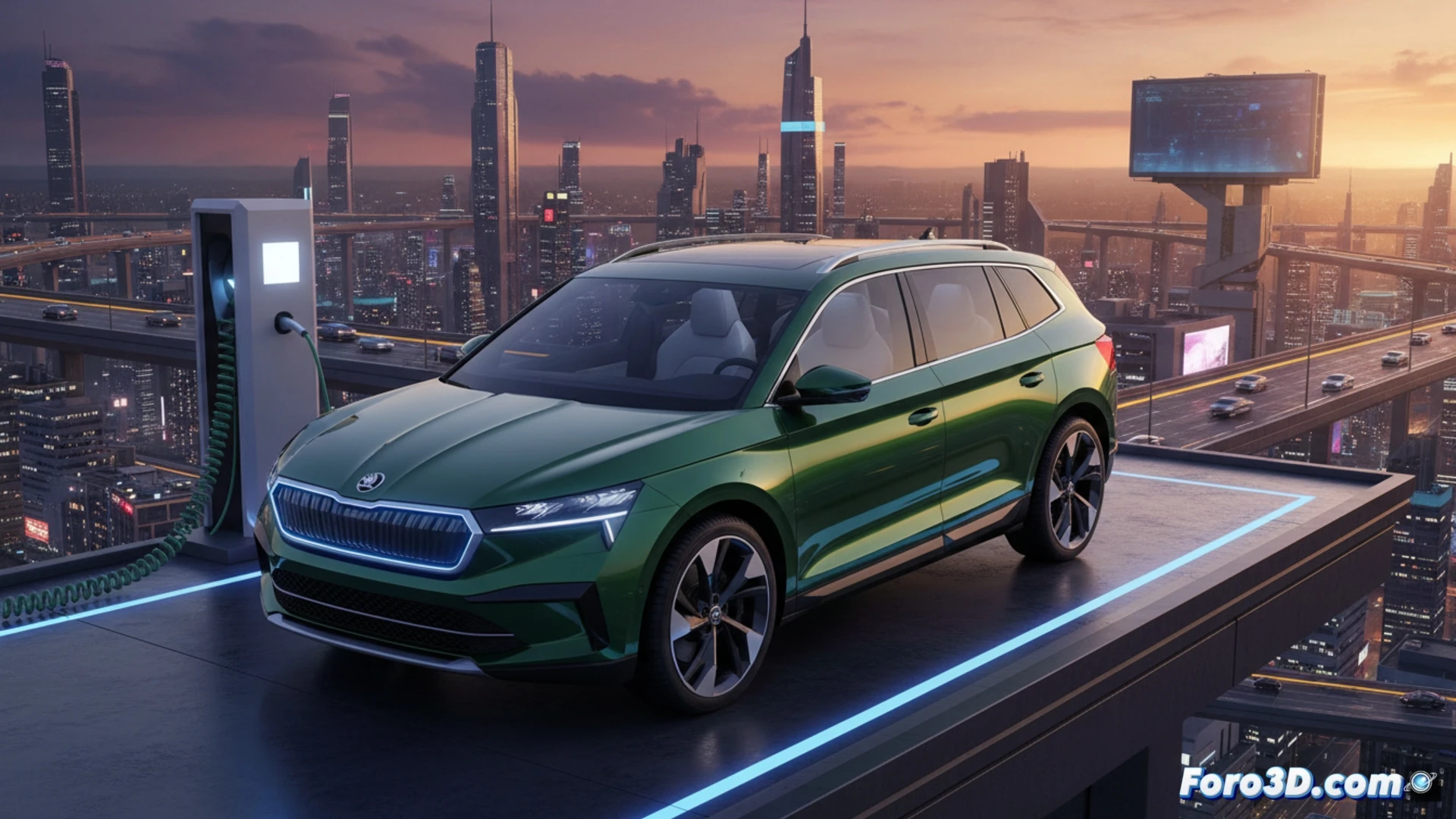 Skoda Peaq SUV eléctrico de siete plazas realizando una maniobra de adelantamiento en una carretera de montaña, mostrando su gran distancia entre ejes y capacidad familiar, mientras un sistema de batería modular se ilumina bajo el chasis durante la regeneración de frenado, con líneas de flujo aerodinámico recorriendo la carrocería, paneles solares en el techo generando carga adicional, suspensión neumática comprimiéndose en curva, neumáticos de baja resistencia rodando sobre asfalto, ingeniería detallada del motor eléctrico trasero visible en corte técnico, estilo cinematográfico con iluminación natural de atardecer, renderizado fotorrealista de alta definición, texturas metálicas pulidas, reflejos especulares en vidrios tintados, ambiente de conducción dinámica