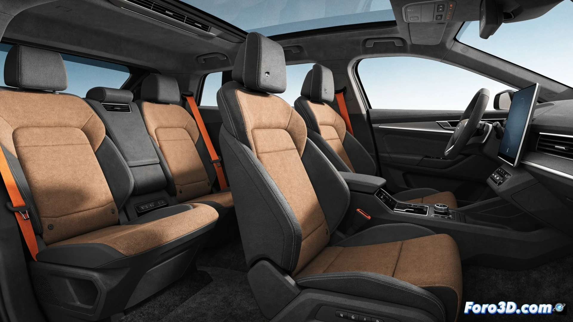 Skoda Peaq interior assembly process, seven-seat electric SUV cabin showing vertical touchscreen interface with physical control knobs below, family members interacting with durable fabric seats and easy-clean surfaces, panoramic roof letting natural light illuminate the spacious layout, engineering visualization style, clean white dashboard with minimalist ventilation grilles, hands adjusting climate controls while children buckle seatbelts in third row, technical illustration lighting highlighting modular storage compartments and charging ports, photorealistic automotive render