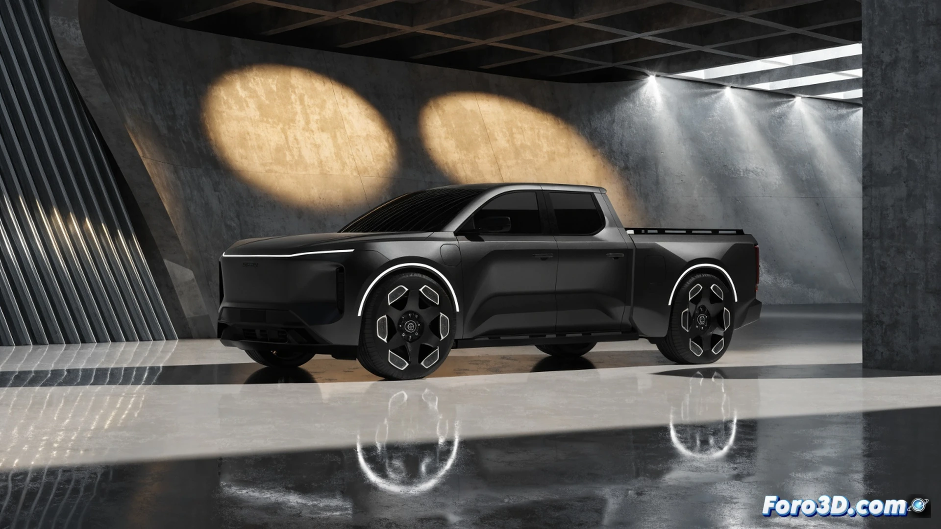 electric pickup truck charging at a modern station, glowing orange cable connecting to front bumper port, dashboard display showing 24,950 USD price tag with green checkmark, key fob in a hand pressing start button, factory assembly line in background with robotic arms welding chassis, photorealistic automotive render, cinematic lighting, metallic blue paint reflecting sunlight, detailed tire tread and wheel wells, clean minimalist composition, technical visualization of vehicle engineering