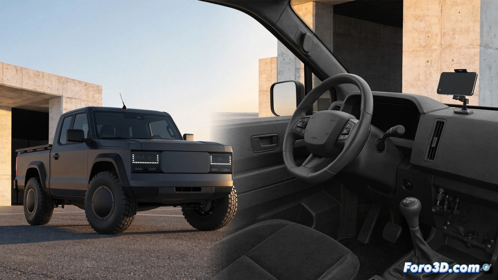 Slate Auto electric pickup truck stripped-down interior assembly line, worker installing manual window crank mechanism onto bare metal door panel, smartphone mount bracket attached to dashboard with visible screws, no touchscreen or stereo system present, minimalist cabin with exposed wiring harness, robotic arm placing rubber floor mats during final assembly, cinematic engineering visualization, industrial fluorescent lighting, photorealistic automotive factory scene, metallic surfaces reflecting workshop lights, ultra-detailed mechanical components, focus on cost-saving design choices, dramatic shadows highlighting absence of electronic modules