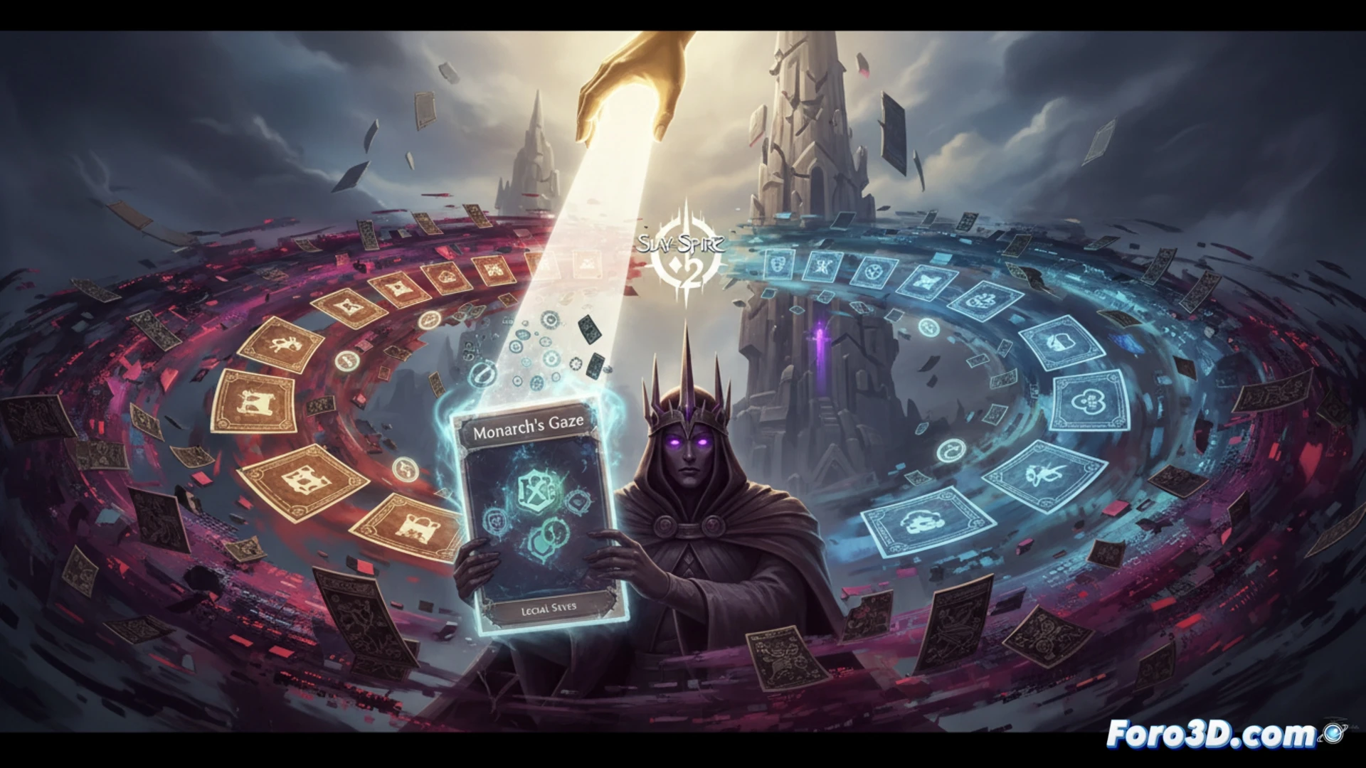Slay the Spire 2 gameplay scene, a glowing Monarch s Gaze card floating mid-air while energy cost number decreases from three to one, action showing a hand playing the card onto a battlefield, a corrupted cloud icon merging with a local save file icon causing data fragmentation, a developer tool interface visible in the background displaying a bug fix patch, cinematic technical illustration, dark fantasy tavern setting, card particles emitting blue and orange light, corrupted data streams dissolving into clean lines, dramatic contrast between magical card glow and digital error correction, photorealistic game art style